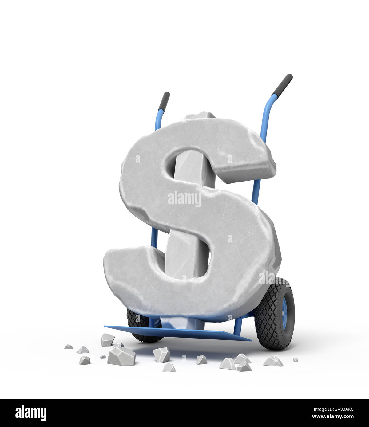 3d rendering of large stone dollar symbol on blue hand truck with big stone crumbs. Stock Photo