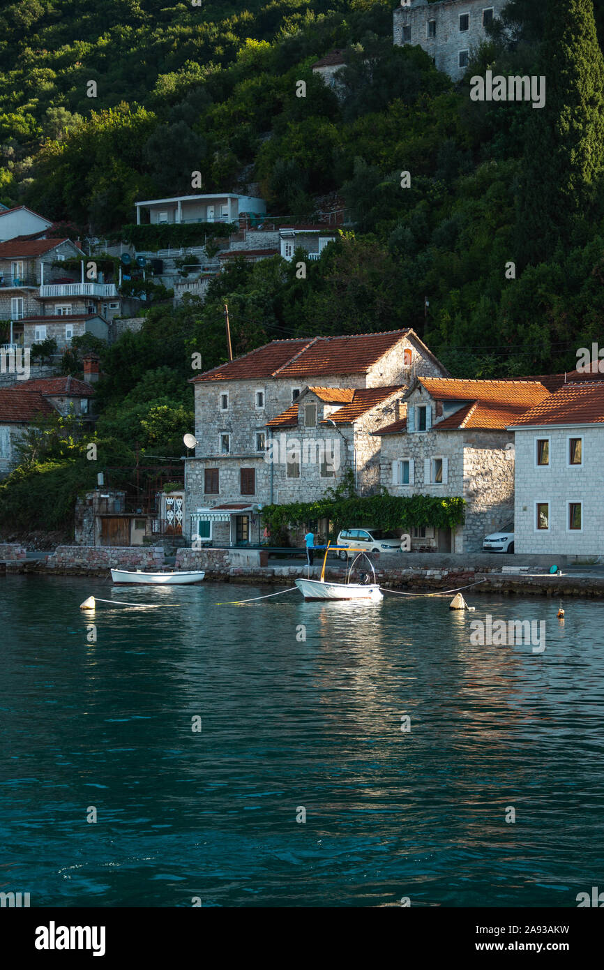Little coastal village house in Bay of Kotor in Montenegro Stock Photo