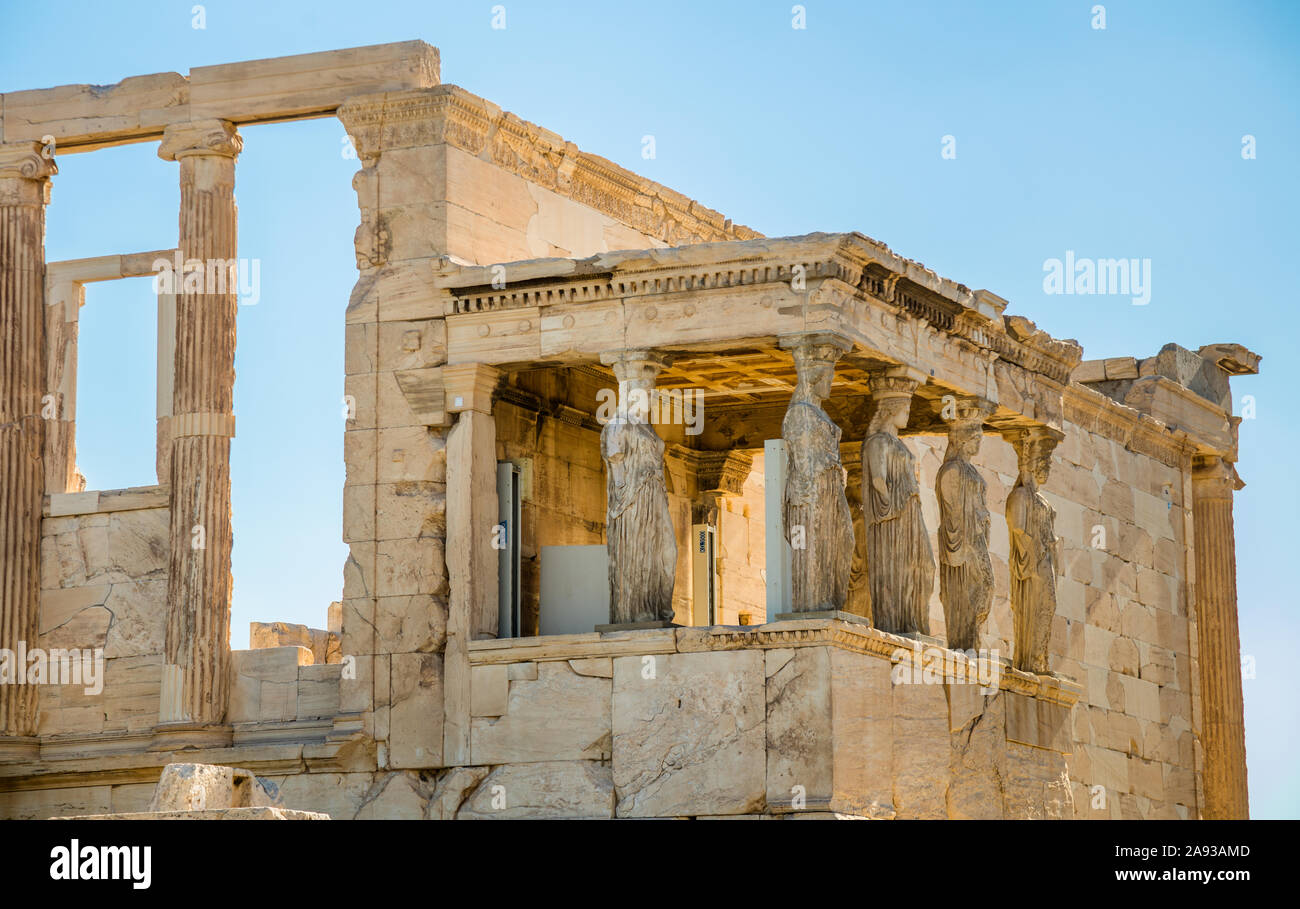 The South Porch of the Erecheheion, showcasing the Caryatids. Atop of the Acropolis, Athens, Greece Stock Photo