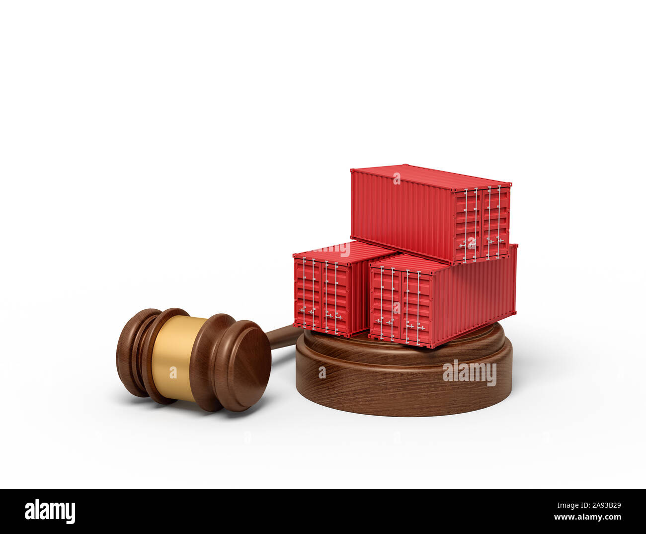 3d rendering of red cargo containers on round wooden block and brown wooden gavel Stock Photo