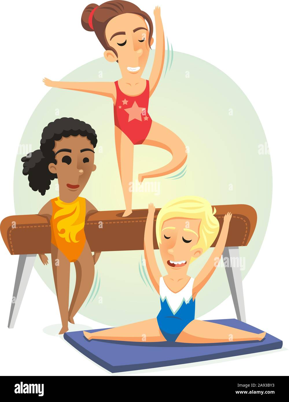 little girls at gymnastics class cartoon illustration Stock Vector