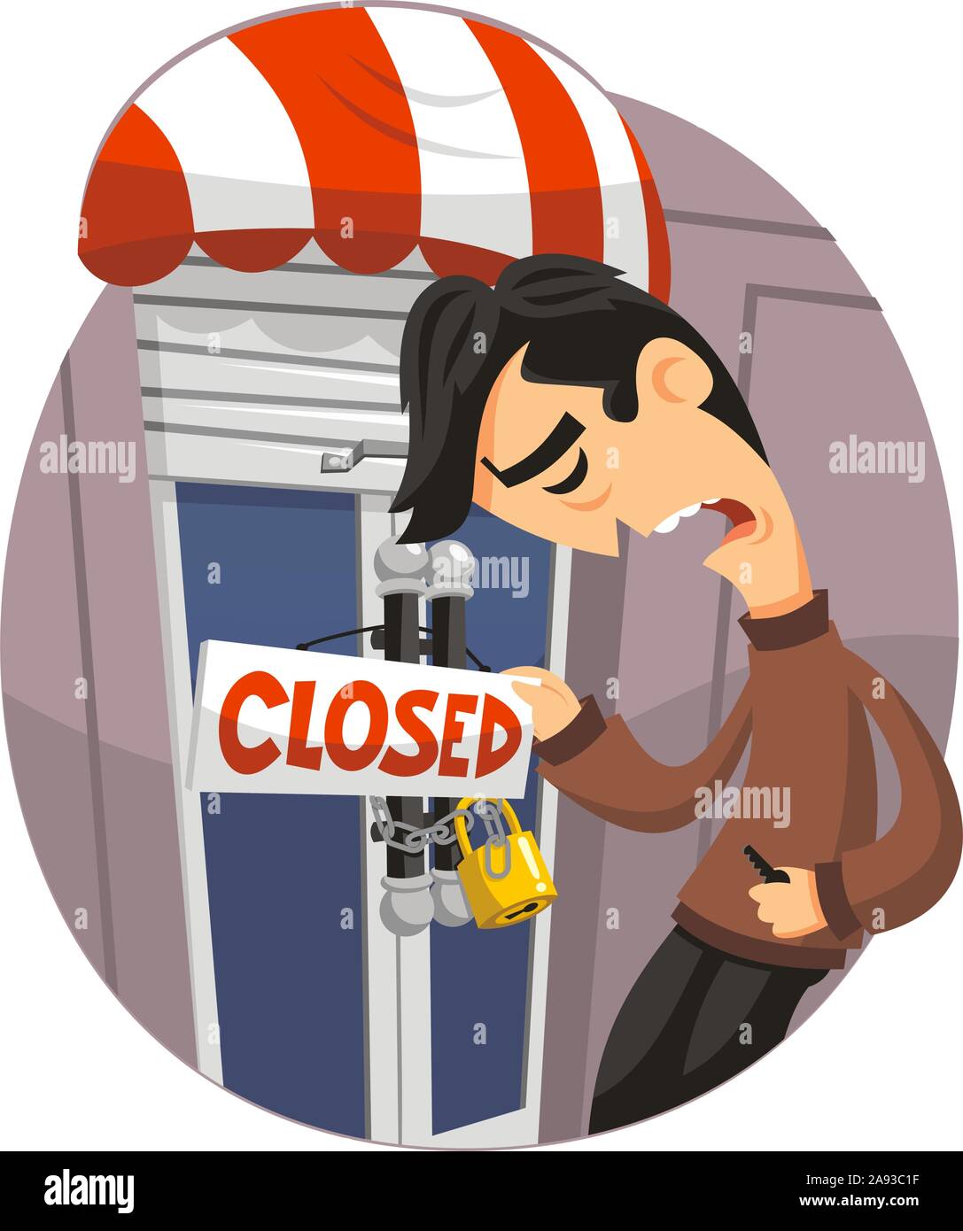Man closing his shop going out of business Stock Vector