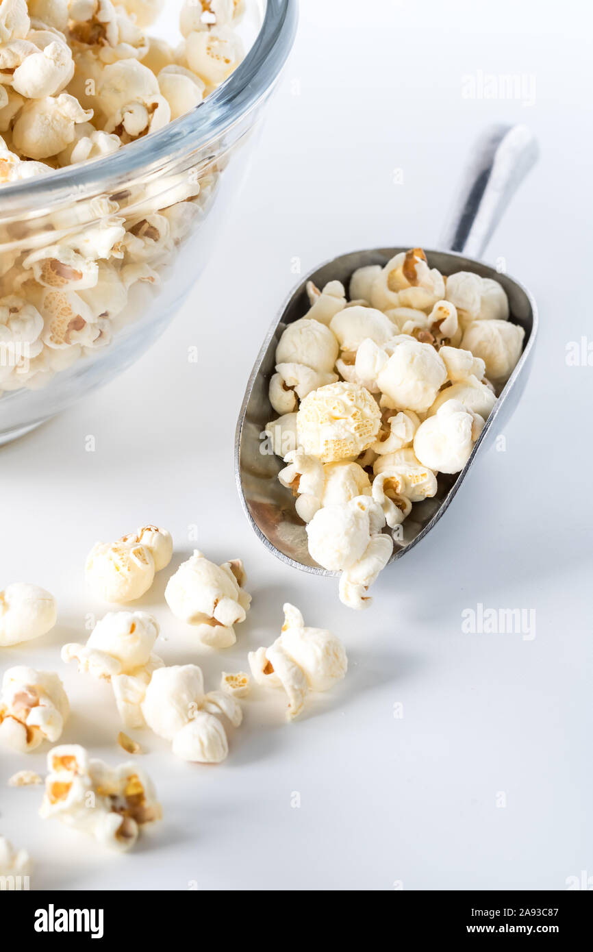 Macro scoop of white cheddar popcorn. Stock Photo