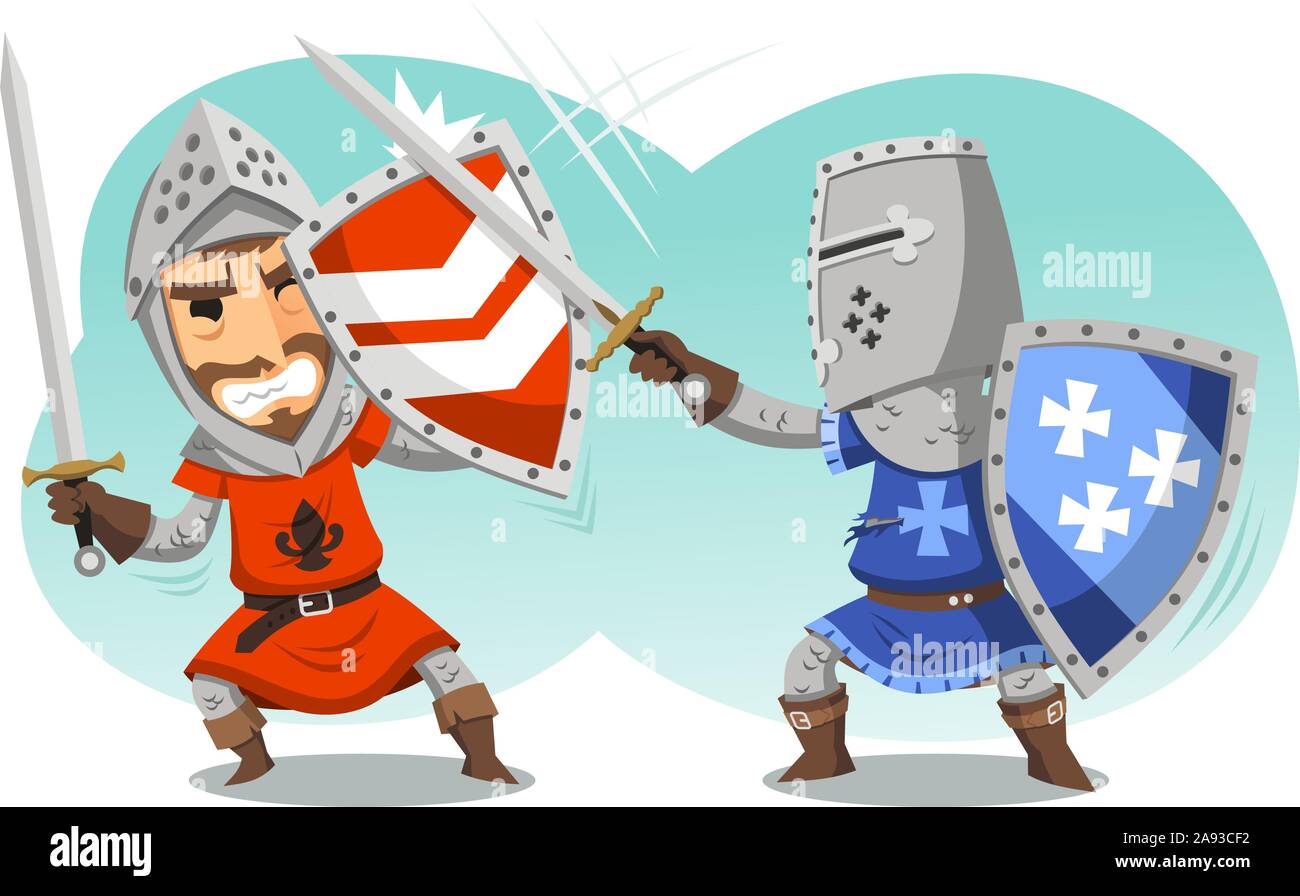 Fighting Knights With Swords Shield Helmet Army Uniform, vector illustration cartoon. Stock Vector