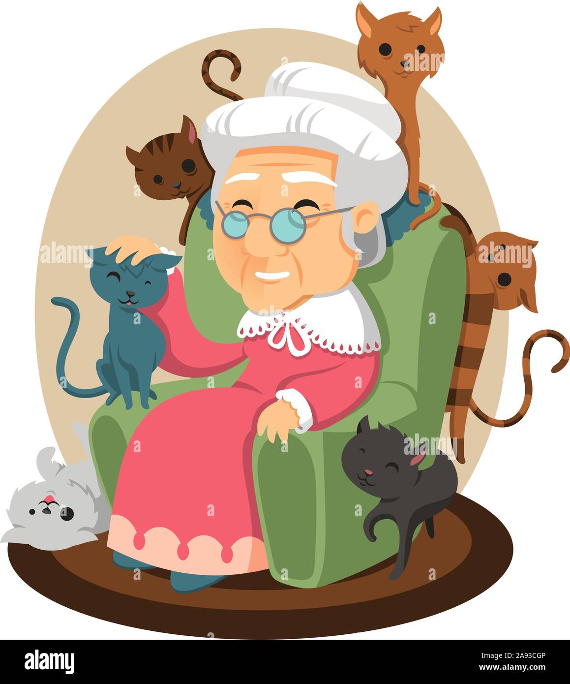old lady with cats all over cartoon illustration Stock Vector