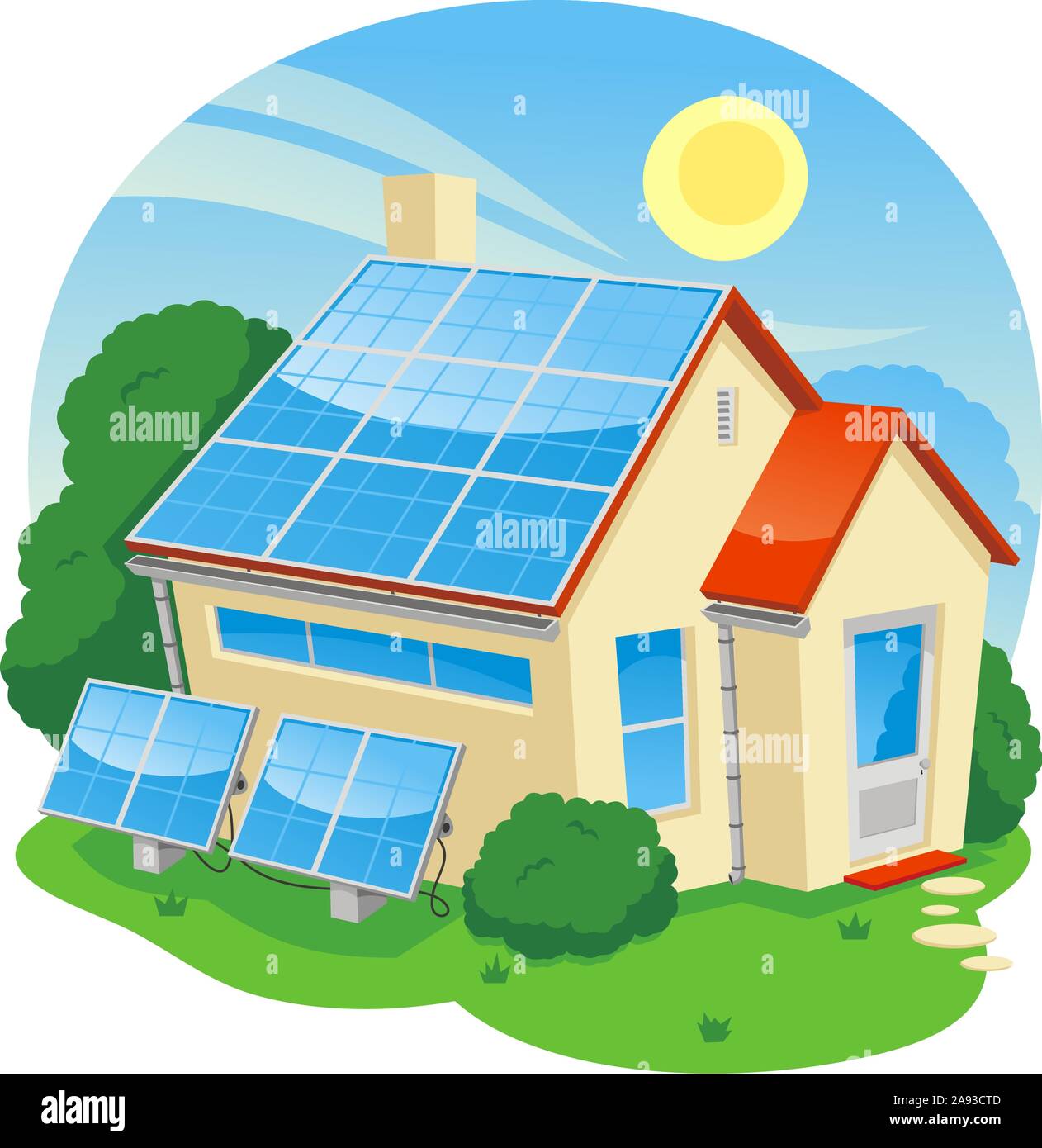 solar energy house cartoon illustration Stock Vector