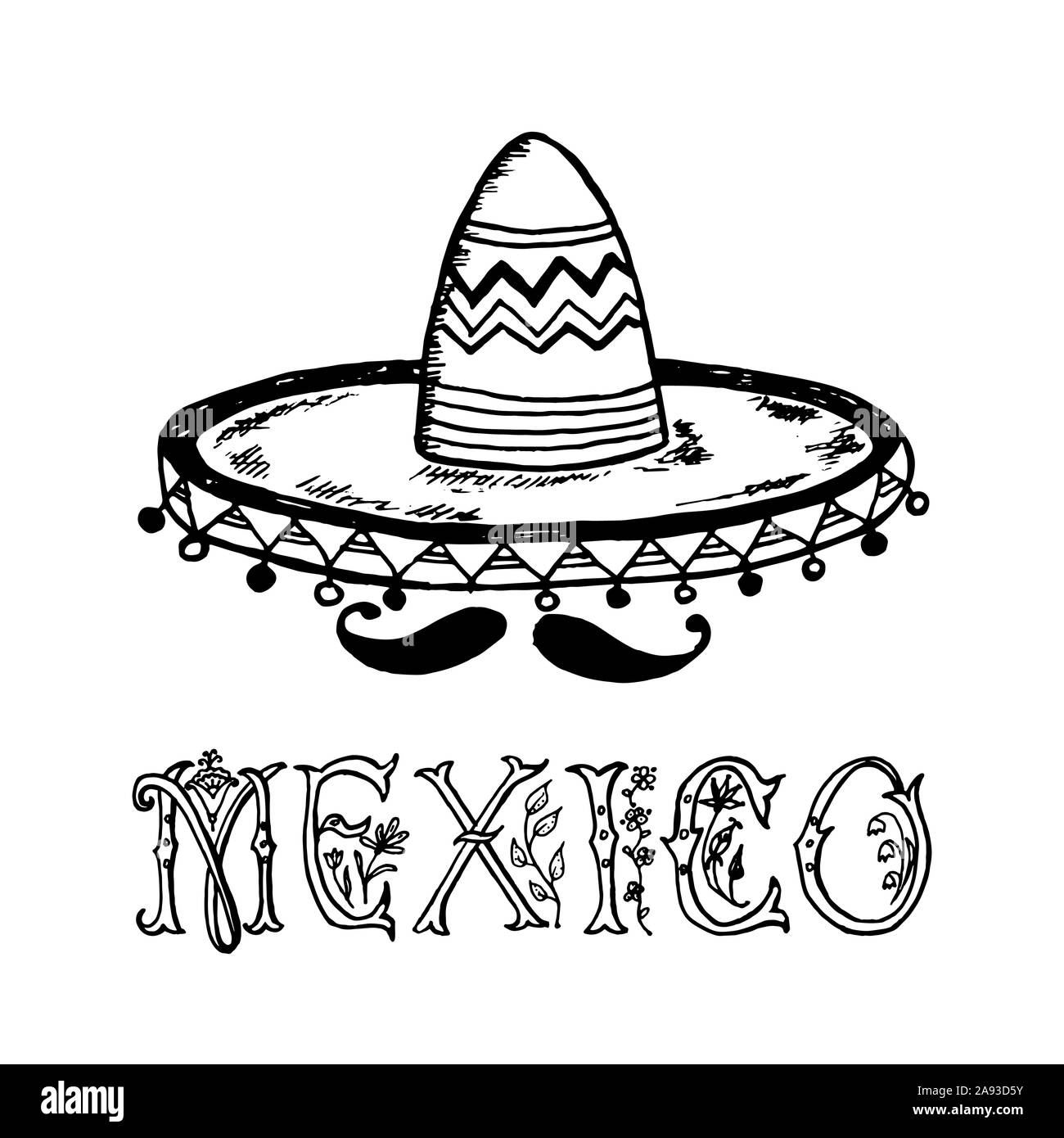 Mexican Sombrero hat. Traditional national headdress in vintage style. Engraved hand drawn old vector sketch. Stock Vector