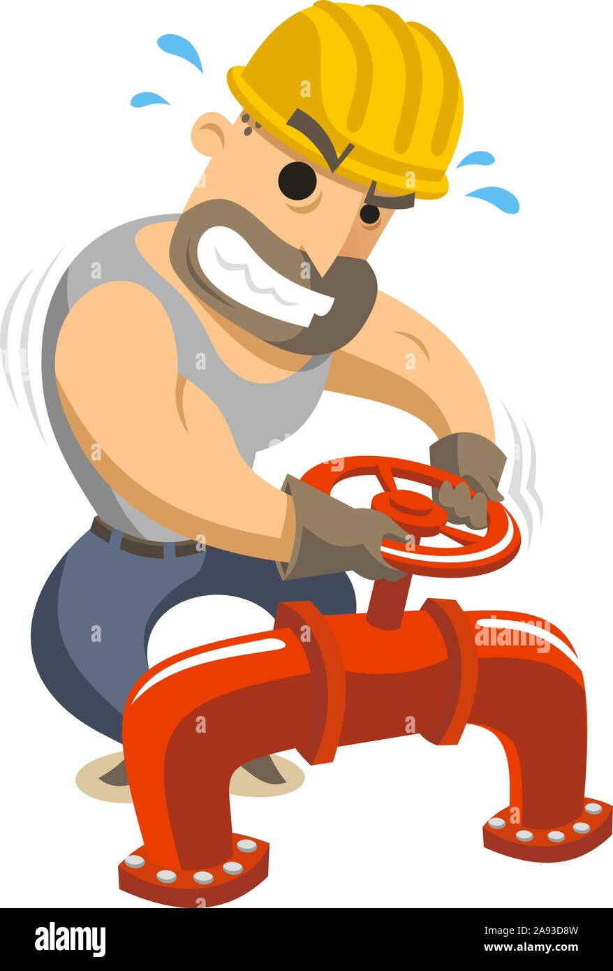 Construction Worker Opening Pipe Valve, vector illustration cartoon
