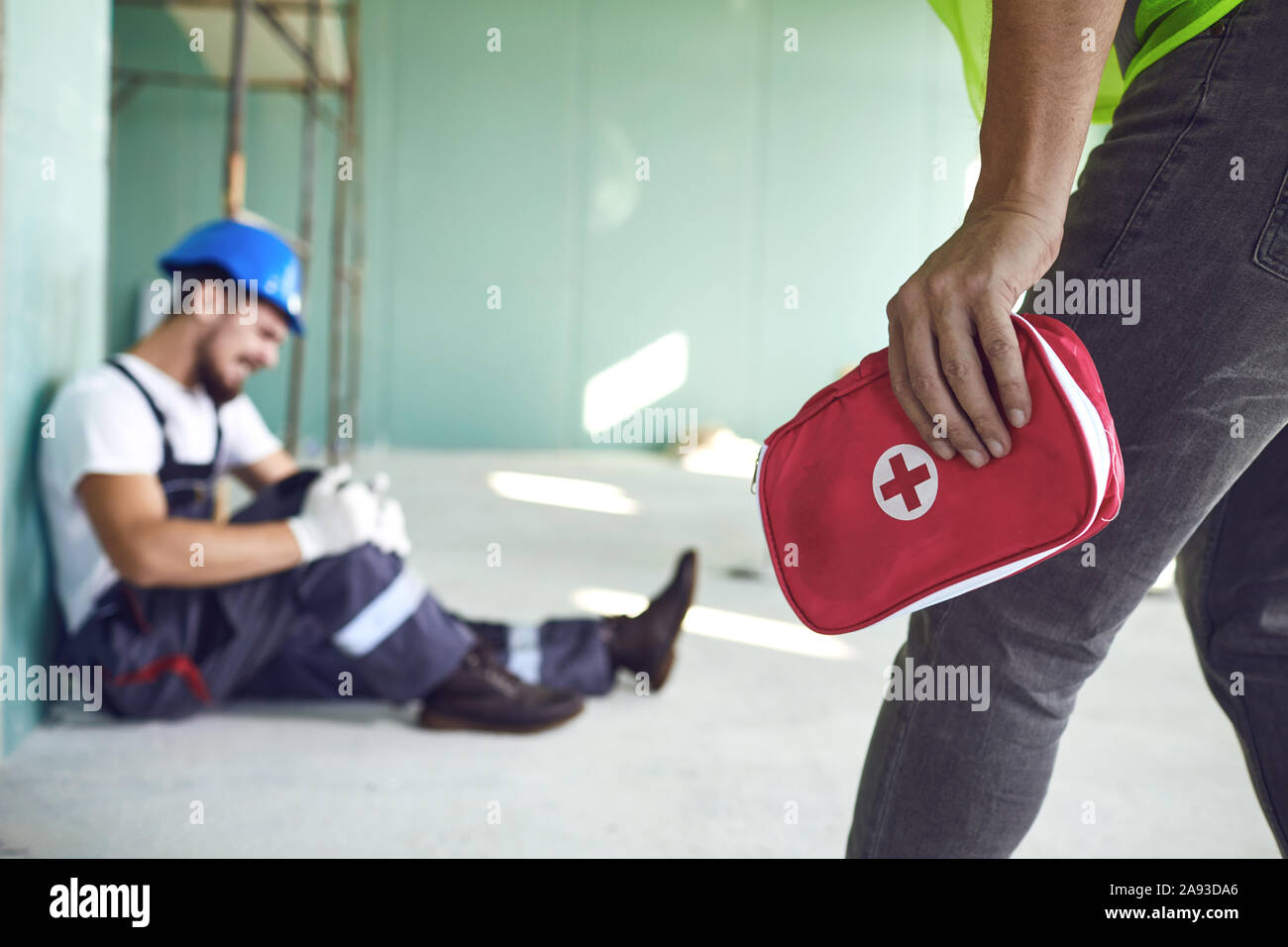 Construction worker accident with a construction worker. Stock Photo