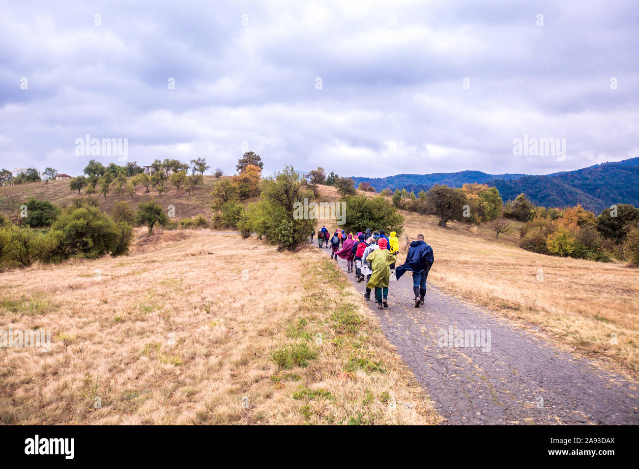 Group of active people hiking on the rainy autumn day wearing a raincoat. Real unrecognizable hikers, rearview, cloudy sky in the background. Stock Photo