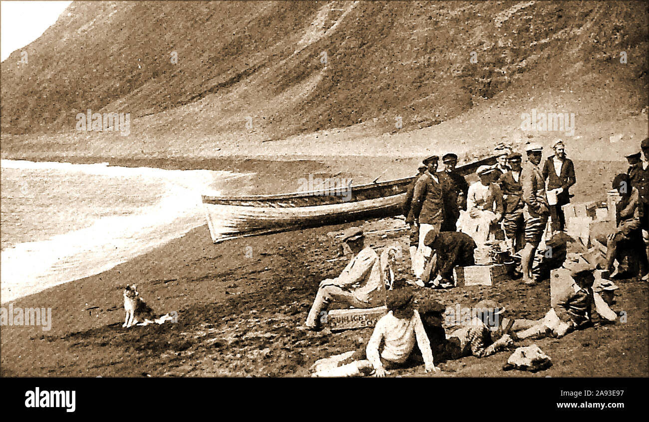 A 1946 image of Tristan de Cunha showing  some of the 200 residents  of Tristan de Cuna waiting for the supply ship  HMS Carlisle bringing supplies Stock Photo