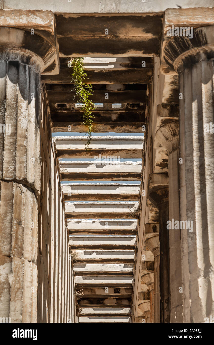 Closeup of Temple of Haephaestus, one of the best preserved temples of ancient Greece. Part of the Ancient Agora of Athens complex. Athens, Greece. Stock Photo