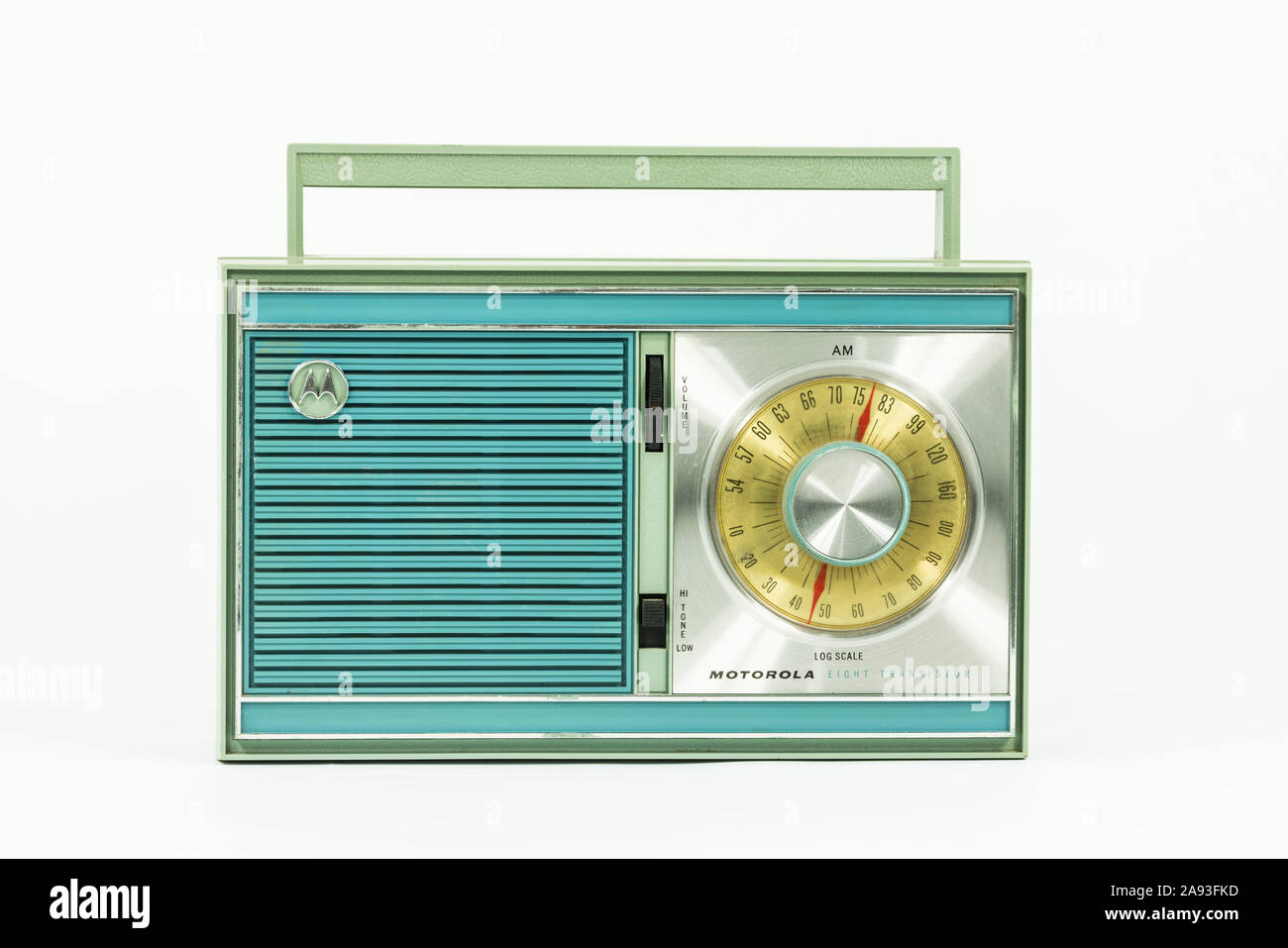 Los Angeles, California, USA - November 12, 2019:  Illustrative editorial photograph of old Motorola Portable Transistor Radio with white background. Stock Photo