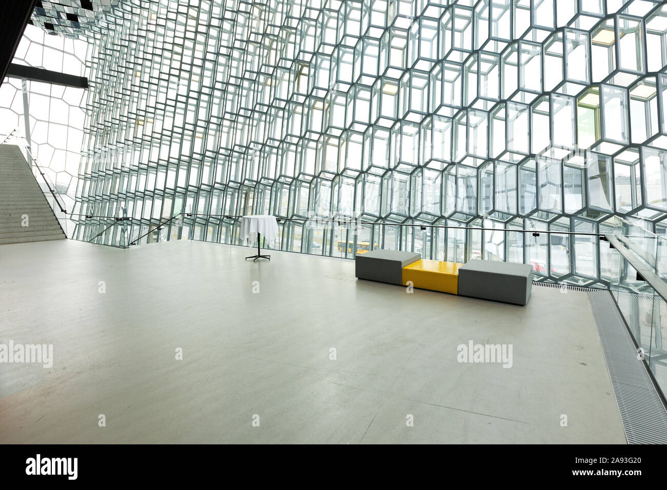 Geodesic interior of Harpa Concert Hall and Conference Centre a modern architectural wonder of Danish Henning Larsen Architects by visual artist Olafu Stock Photo