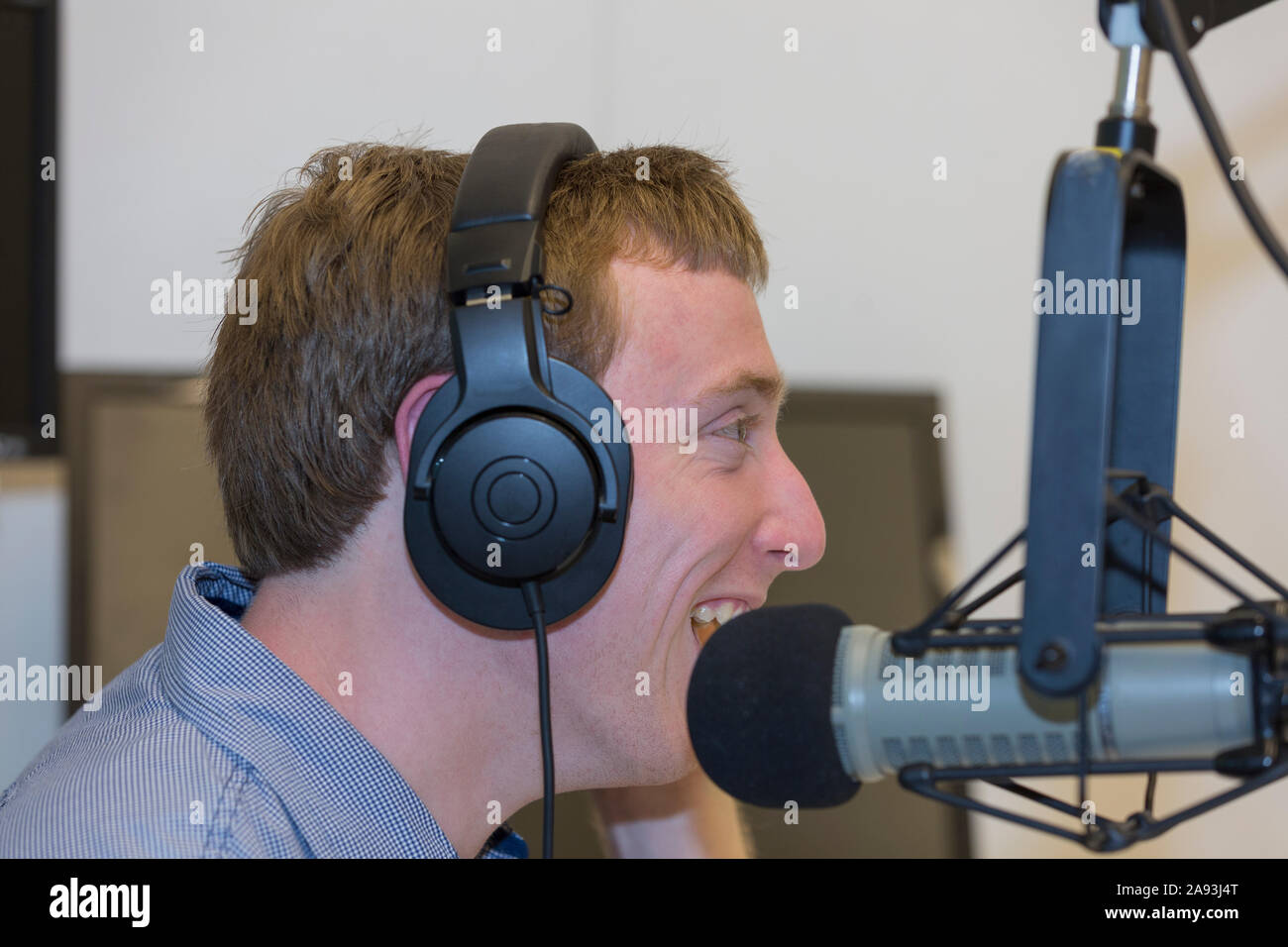 Young man with Cerebral Palsy at work Stock Photo