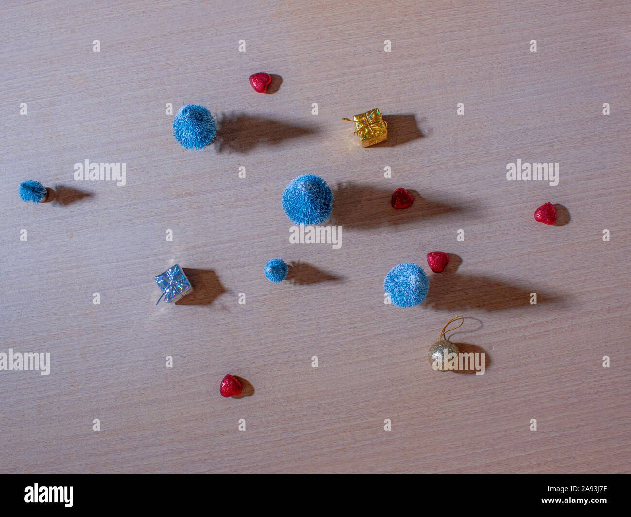 Colorful Christmas decorations on the wooden table Stock Photo