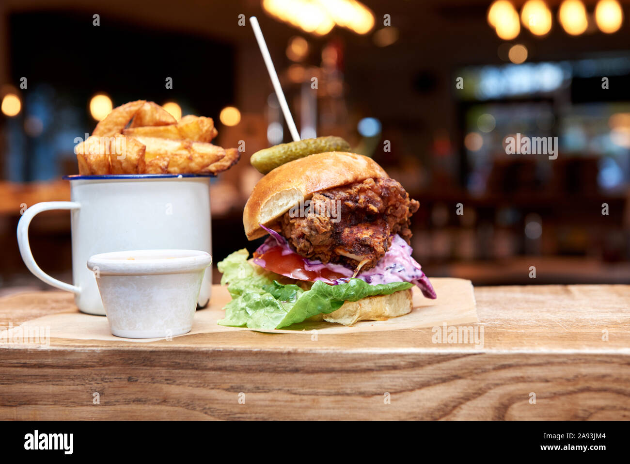 Chicken burger with fries Stock Photo