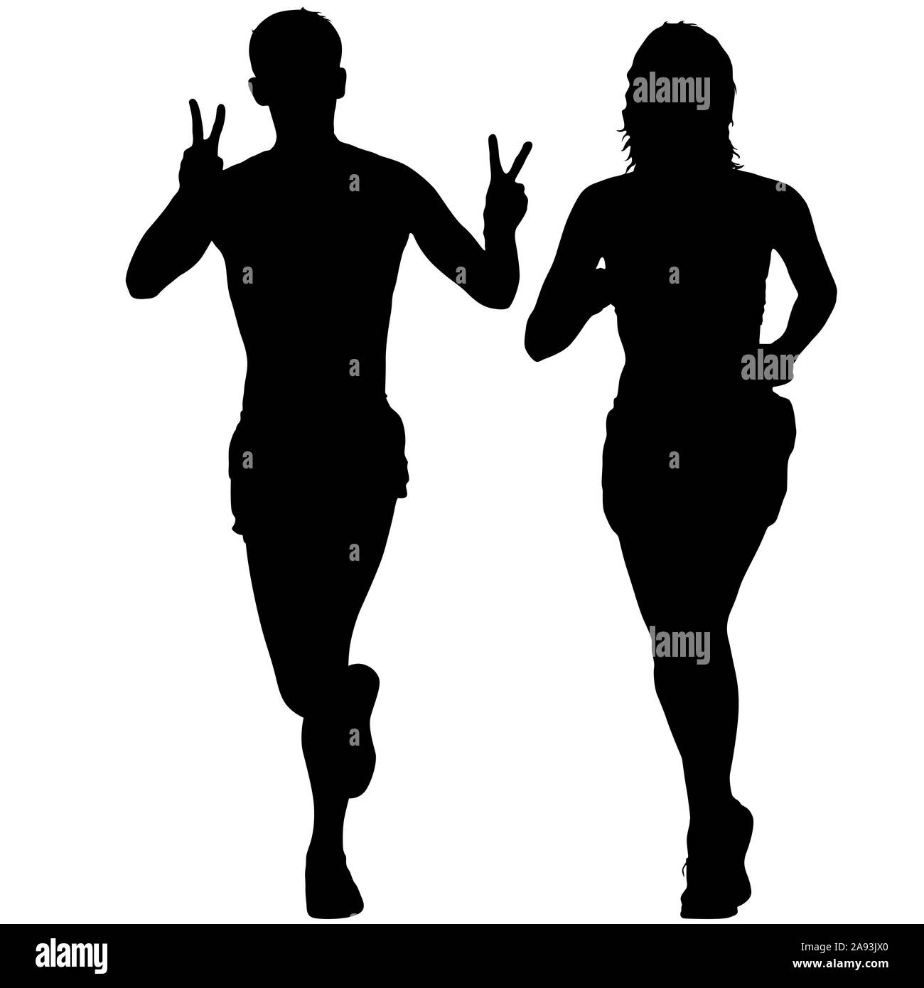 Silhouette of running girl and boy on White Background. Stock Photo