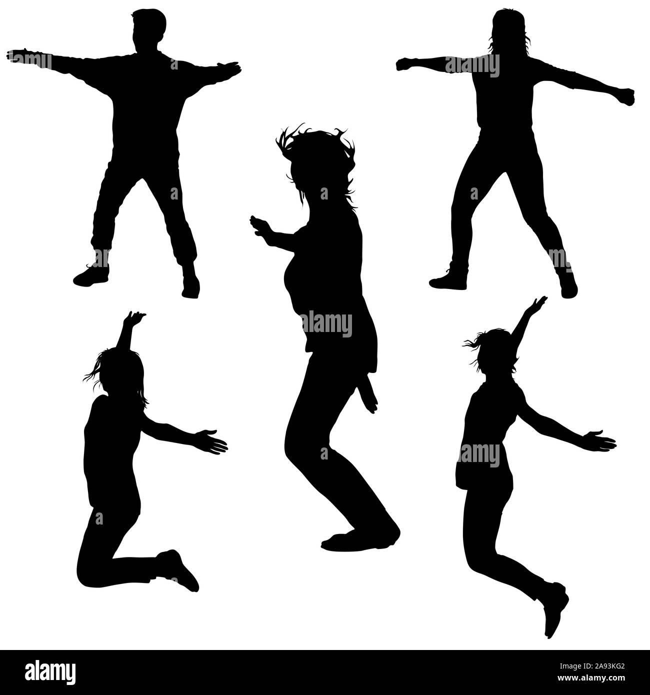 Silhouette of young people jumping with hands up, motion. Stock Photo