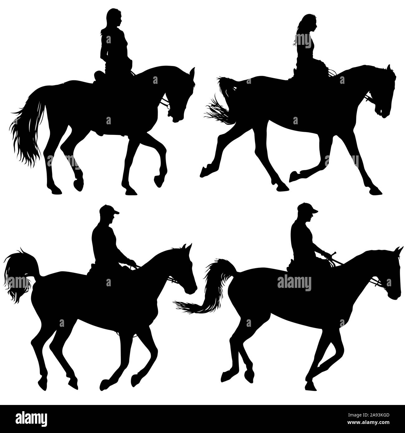 Set black silhouette of horse and jockey. Stock Photo