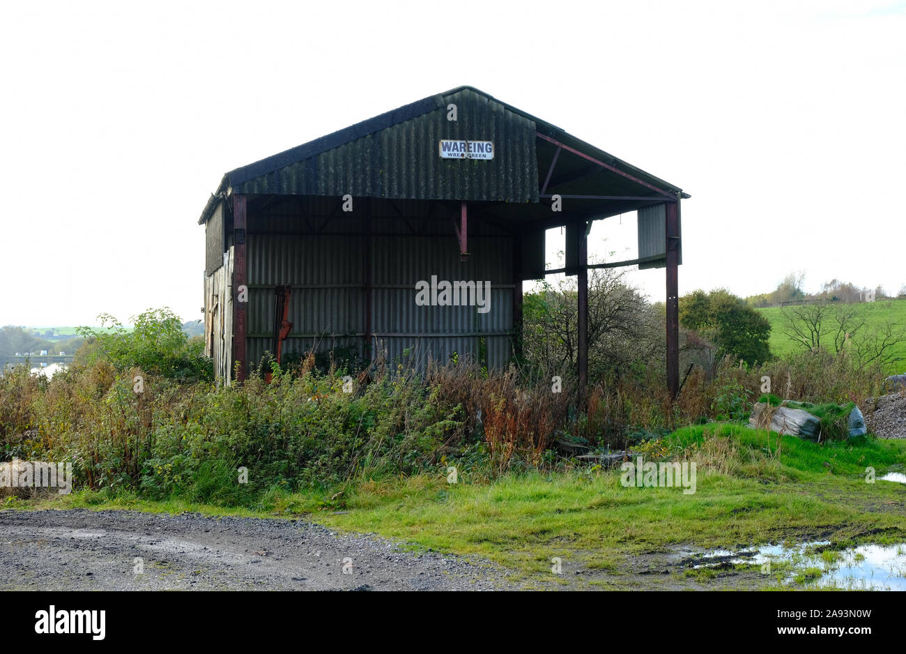 Derelict Sheet Metal Barn In Tall Weeds Near White Coppice