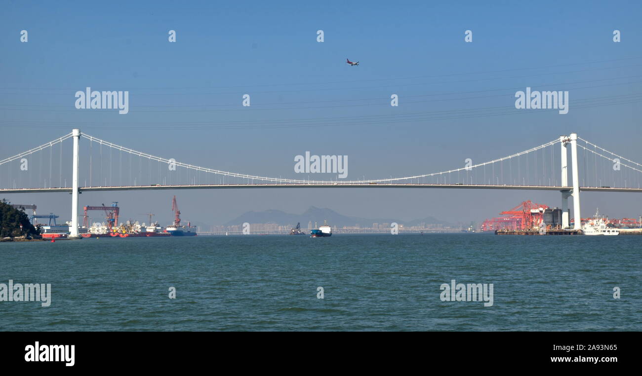 Haicang suspension bridge joining Xiamen island to mainland over East China sea Stock Photo