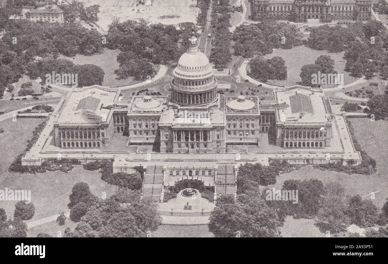 Aerial view of the Capitol at Washington above the Potomac River, Capitol Building, is the home of the United States Congress 1930s. Stock Photo