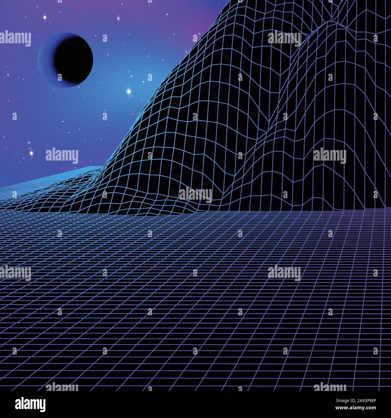 Landscape with wireframe grid of 80s styled retro computer game or ...