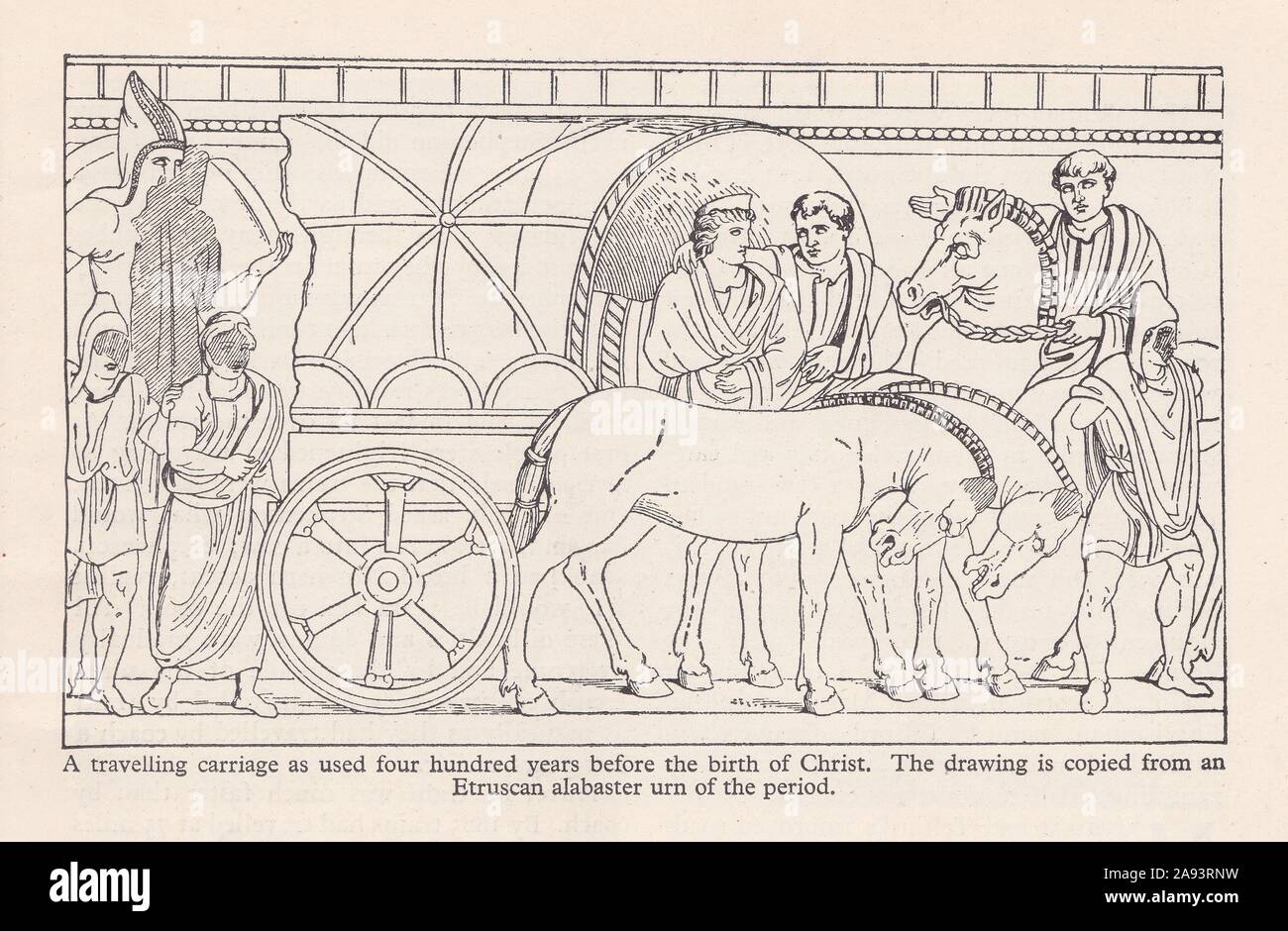 A drawing copied from an Etruscan alabaster urn 3rd Century B. C. of a travelling carriage as used four hundred years before the birth of Christ. Stock Photo