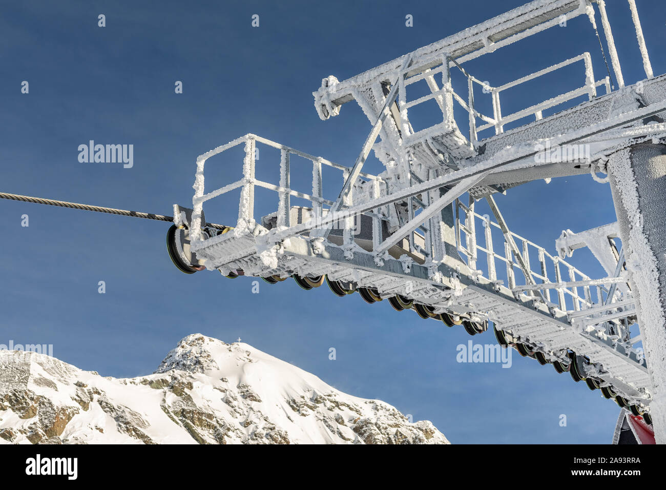 Close-up detailc of ski lift cable car gear wheels covered with