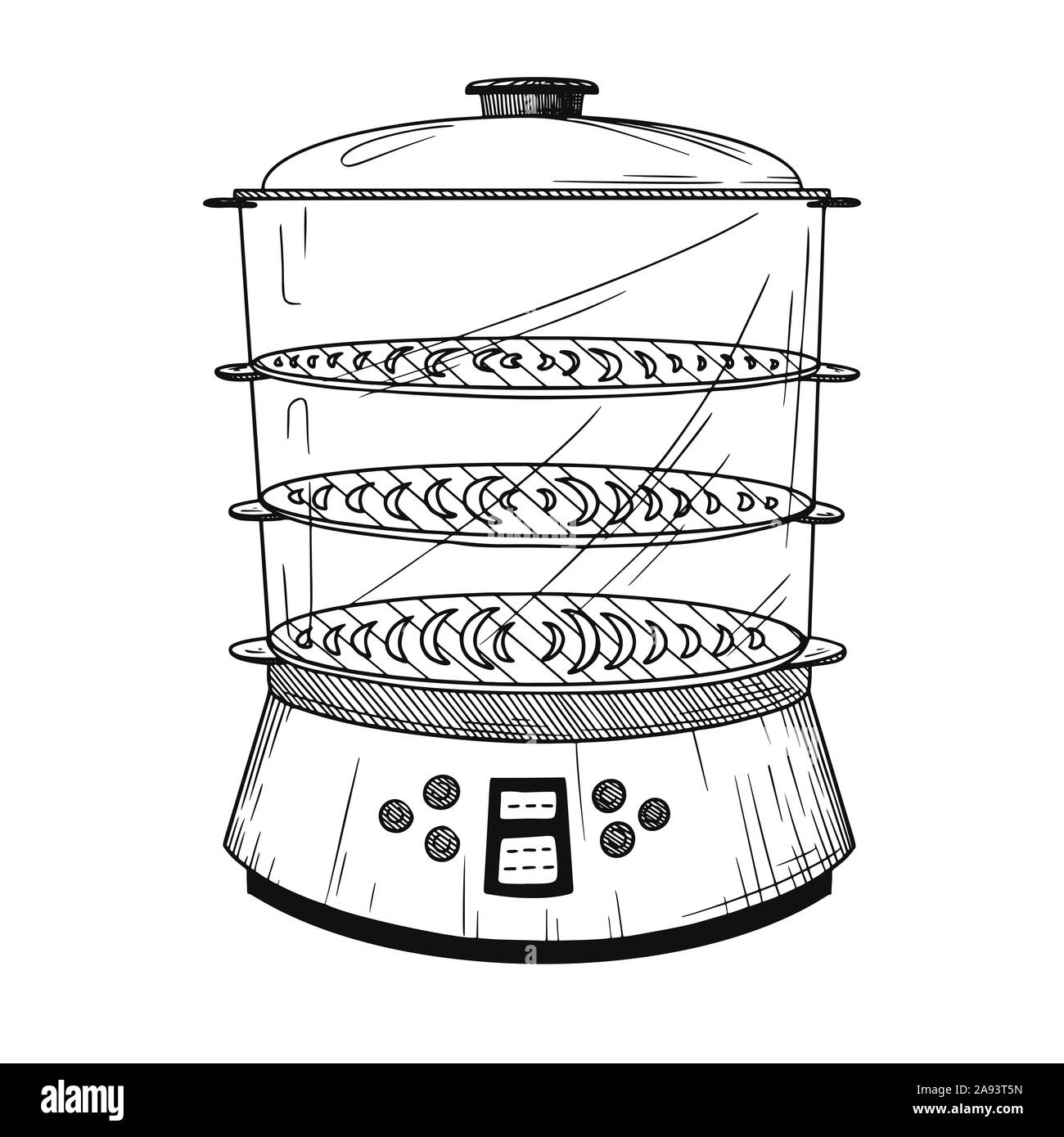 Realistic double boiler isolated on white background. Vector illustration in sketch style. Stock Vector