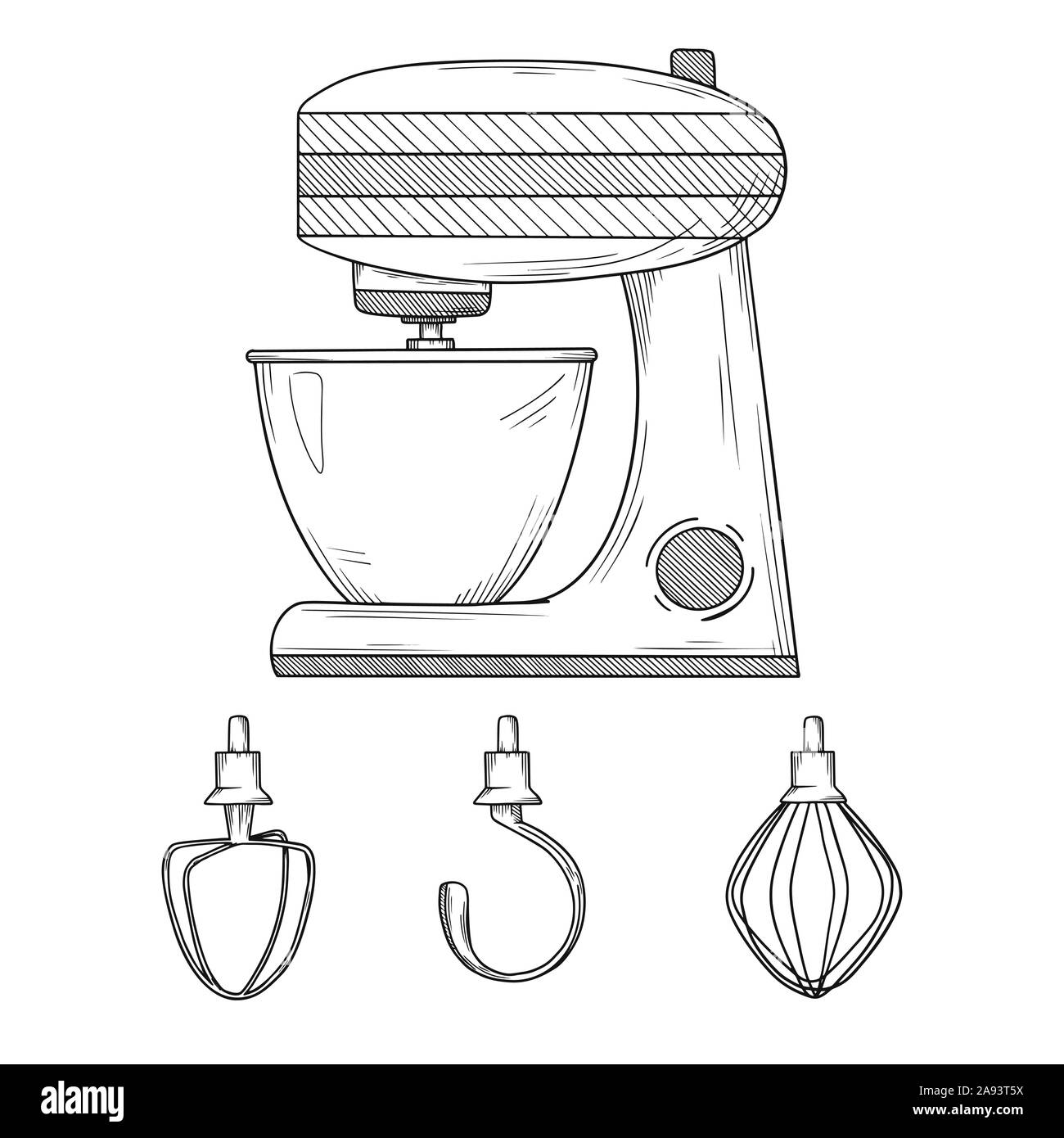 Food processor with different nozzles isolated on white background. Vector illustrations in sketch style Stock Vector