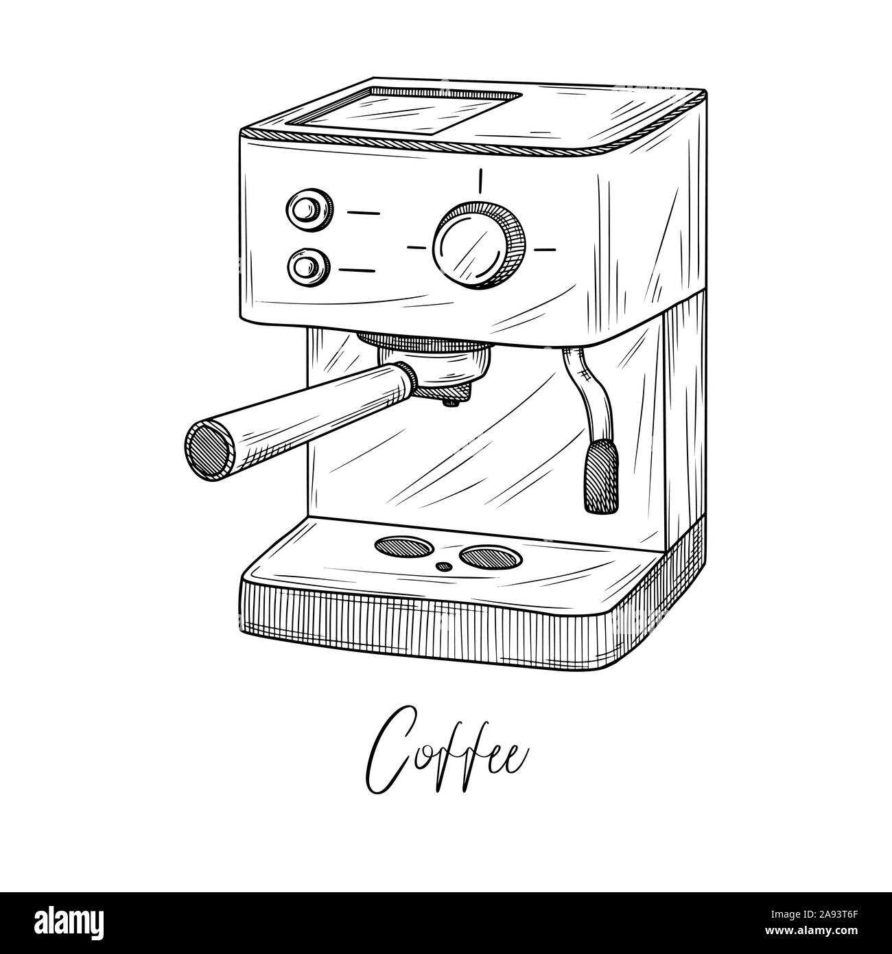 Sketch of coffee maker isolated on white background. Vector illustration in sketch style. Stock Vector