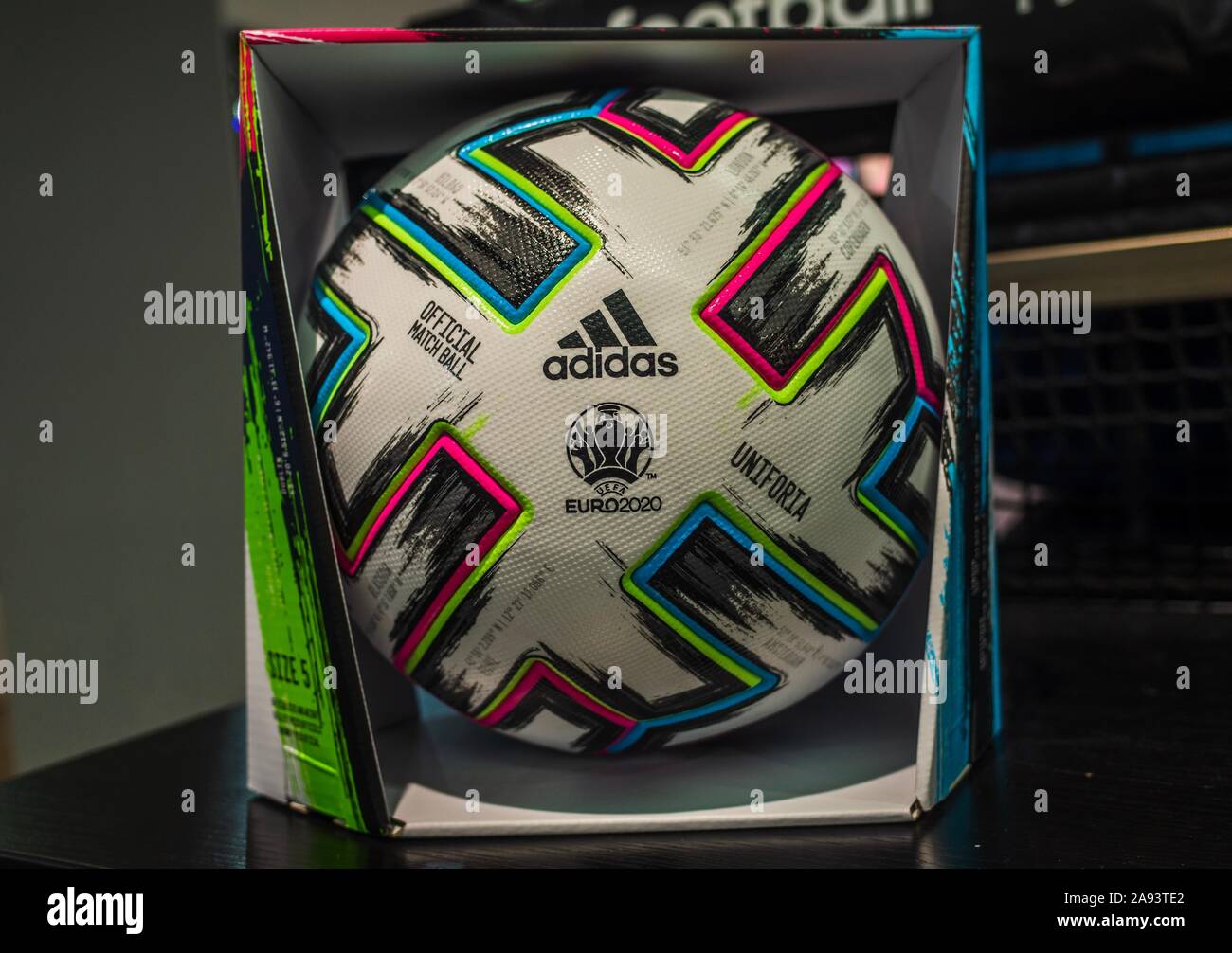 10 November 2019 London, United Kingdom. The official ball of the European  football Championship 2020 adidas uniforia in the sports shop window Stock  Photo - Alamy
