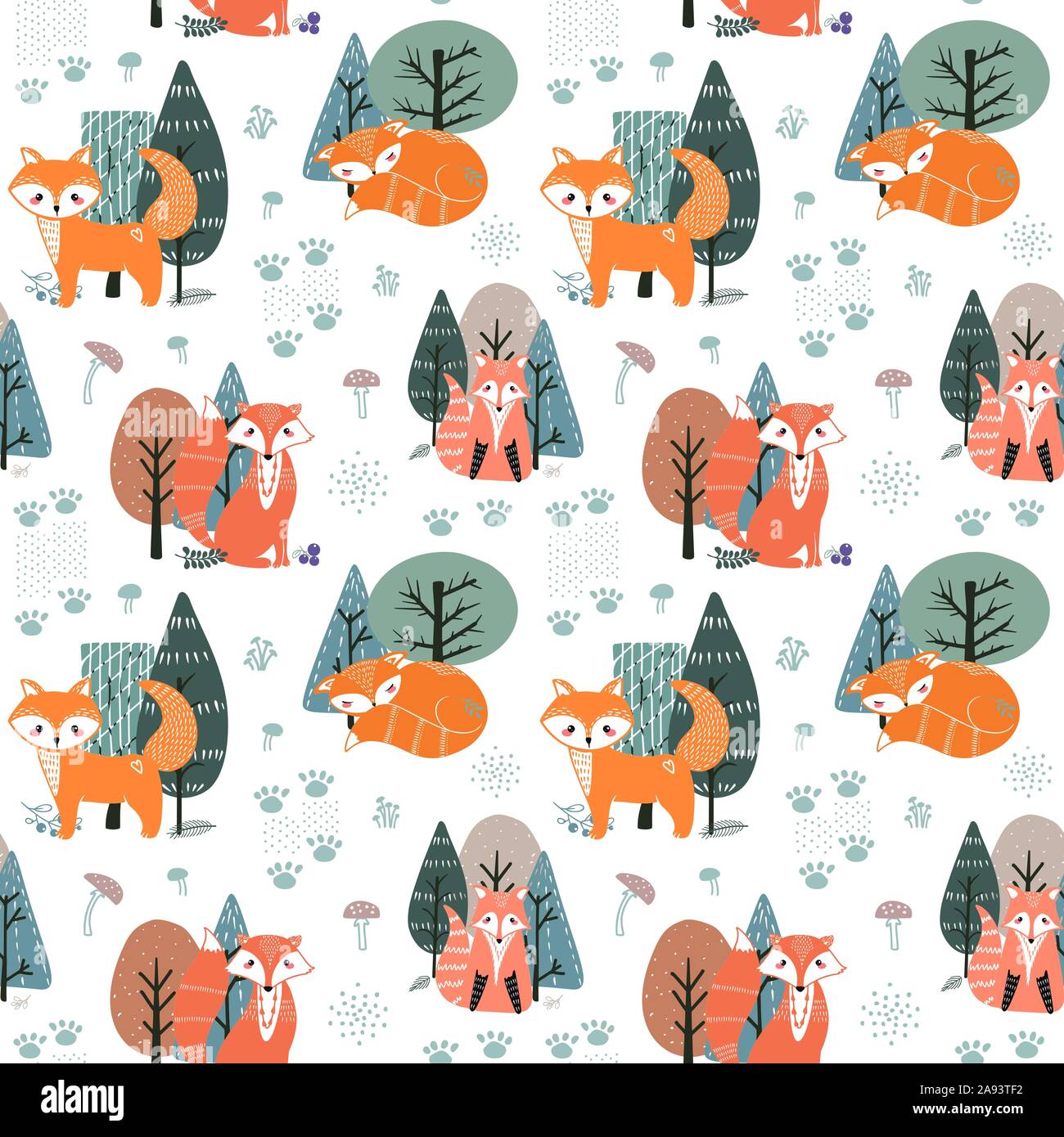Seamless pattern with foxes and different elements. Illustration hand drawn in scandinavian style. Stock Vector