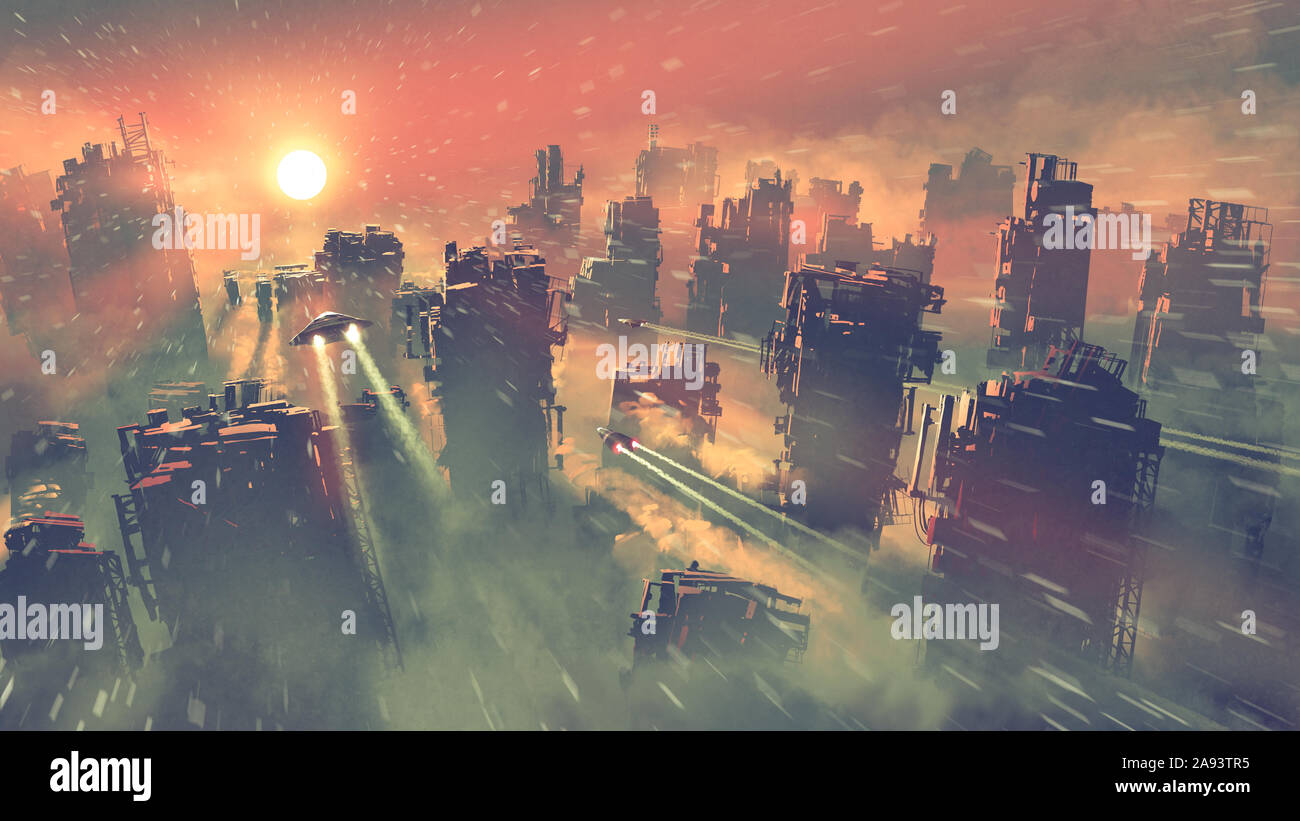 post apocalypse scenery showing of spaceships flying above abandoned skyscrapers, digital art style, illustration painting Stock Photo