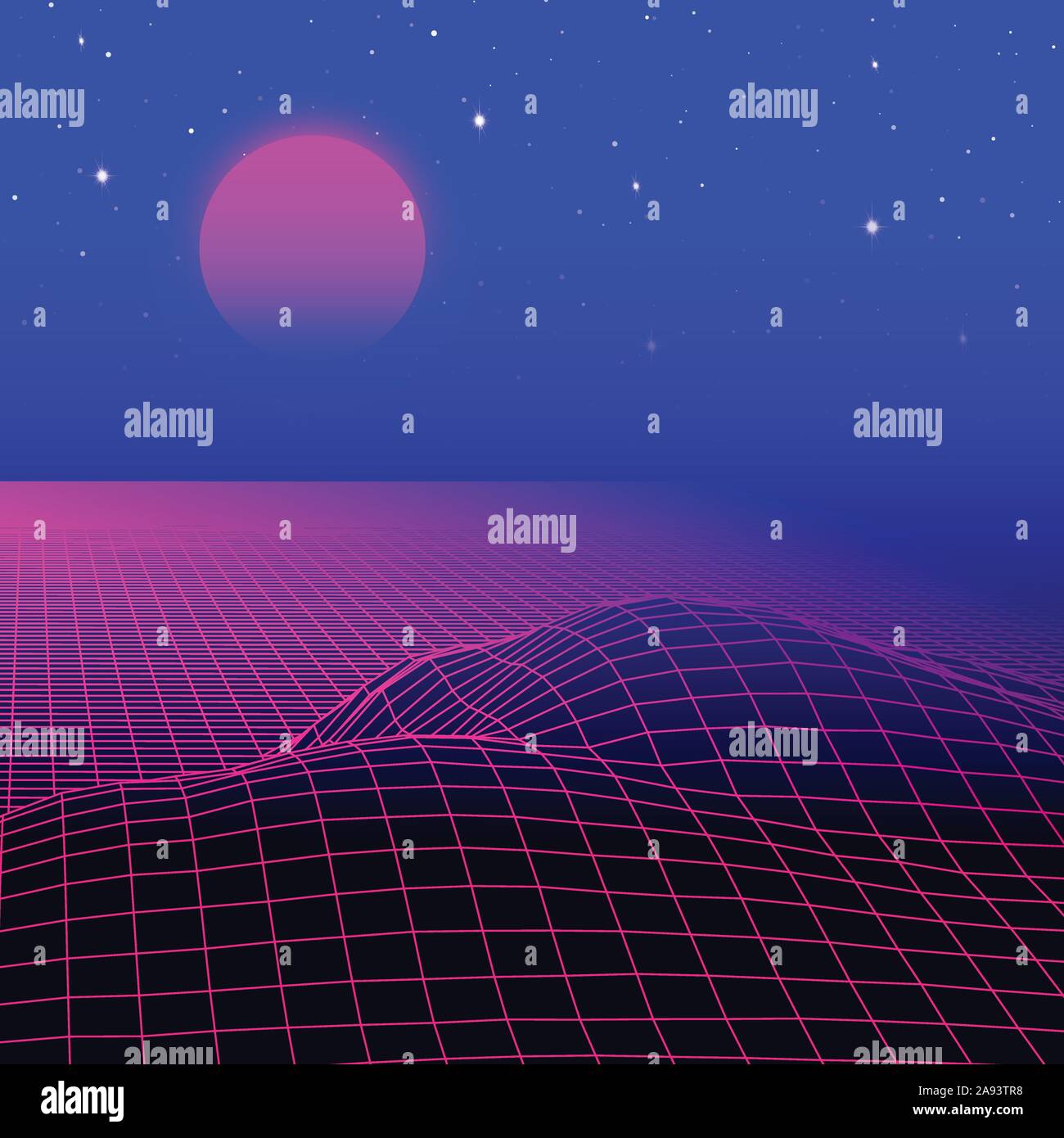 Landscape with wireframe grid of 80s styled retro computer game or ...