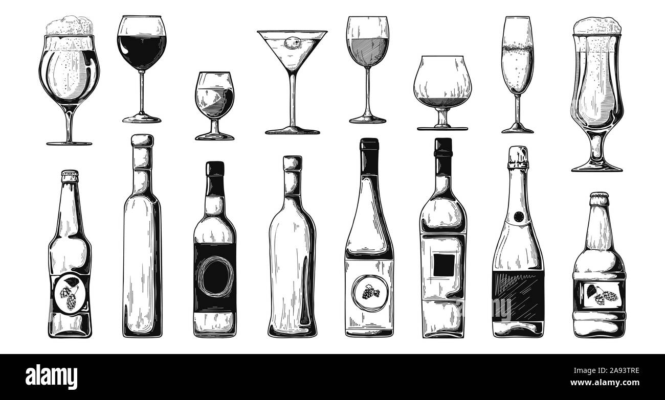 Different bottles with alcohol and different glasses. Vector