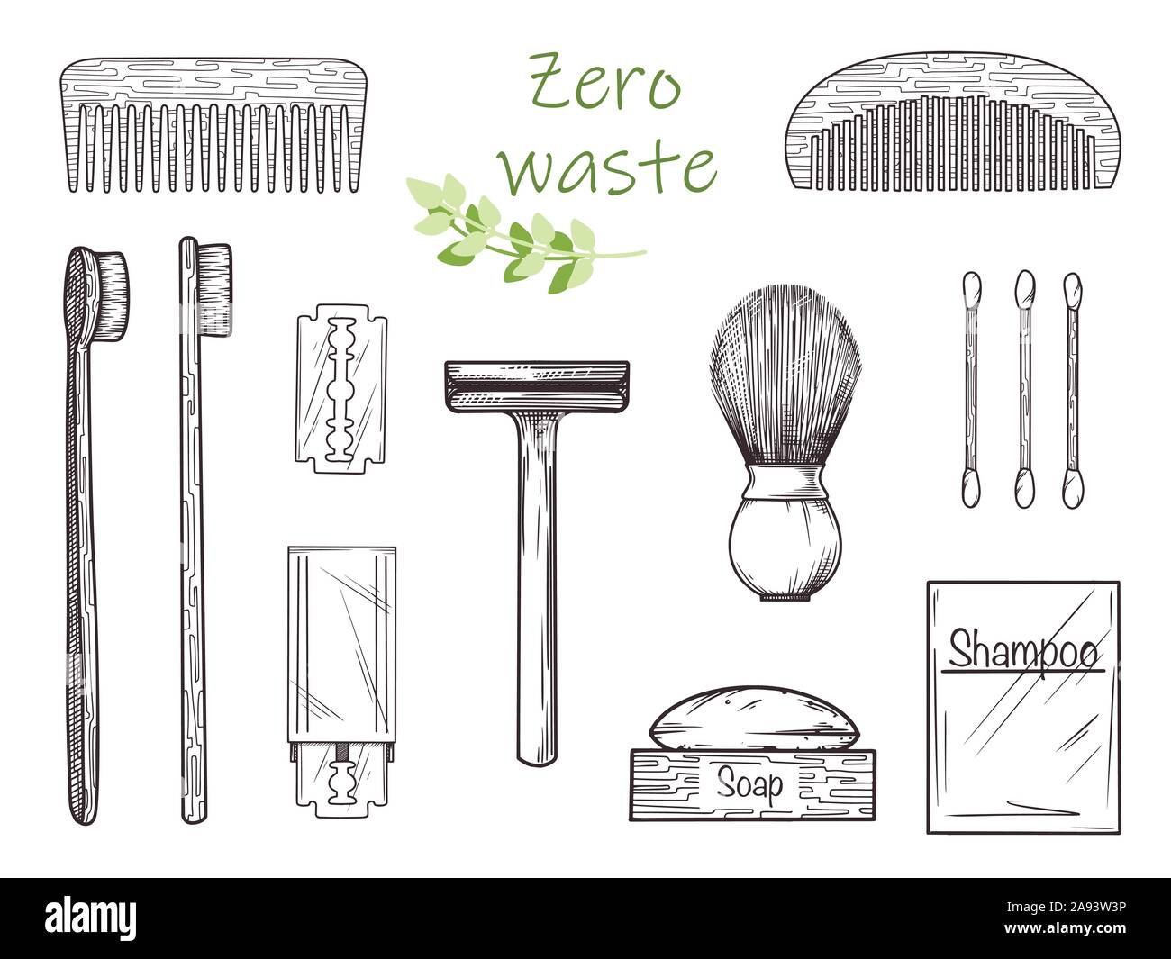 Ecological set for a bathroom. Items made of bamboo, metal and other environmental materials. Zero waste. Vector illustration Stock Vector
