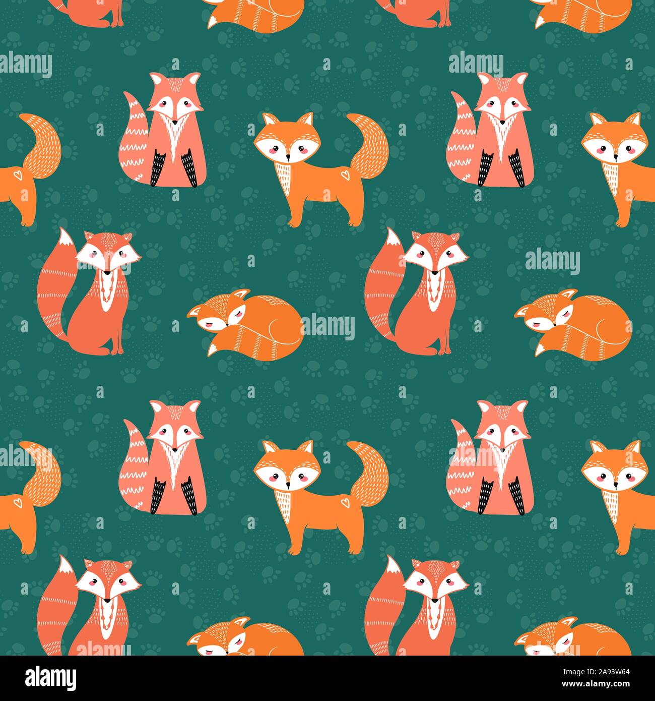 Seamless pattern with foxes and different elements. Illustration hand drawn in scandinavian style. Stock Vector