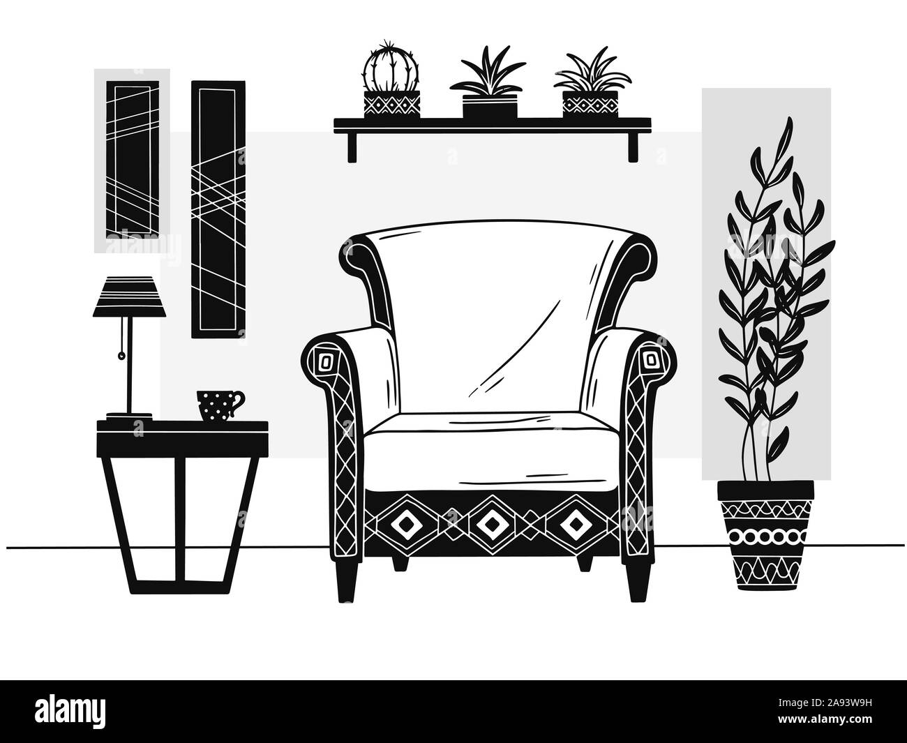 Chair, table with mug. Shelf with books and plants. Hand drawn vector illustration of a sketch style Stock Vector