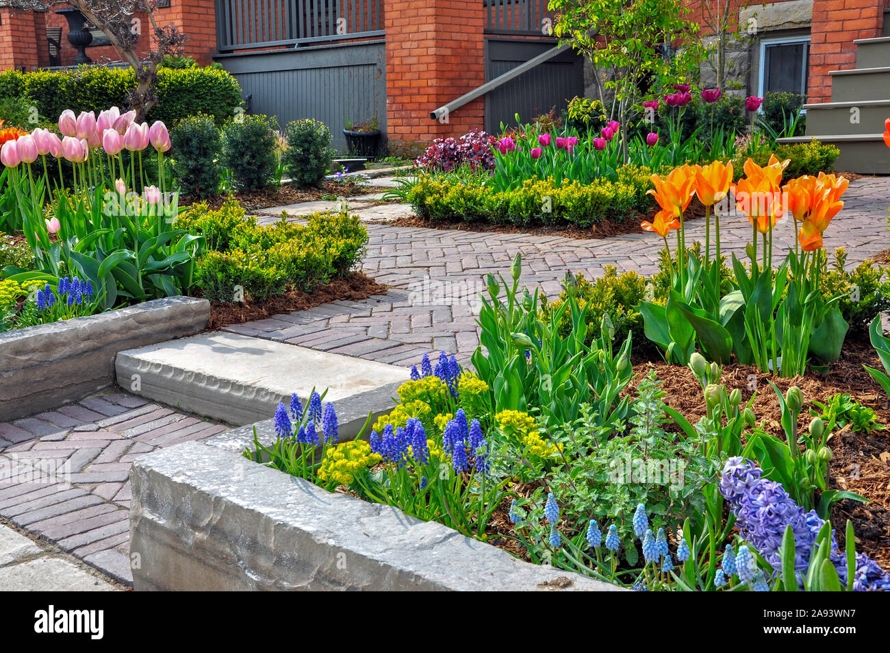 This Beautiful Urban Front Yard Garden Features A Large Veranda Brick Paver Walkway Retaining Wall With Plantings Of Bulbs Shrubs And Perennials Stock Photo Alamy