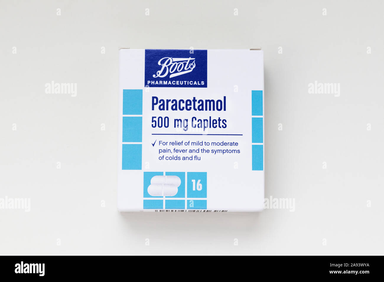 London / UK - November 12 2019 - Packet of Paracetamol from Boots pharmacy, top view. Boots UK Ltd is a health and beauty retailer and pharmacy chain Stock Photo