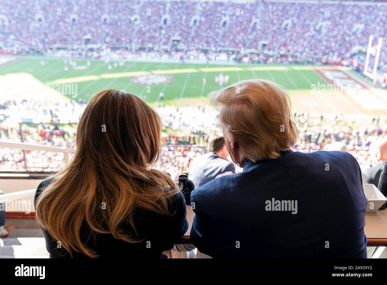 U.S President Donald Trump and First Lady Melania Trump watch the University of Alabama vs Louisiana State University football game at Bryant-Denny Stadium November 9, 2019 in Tuscaloosa, Alabama. Stock Photo