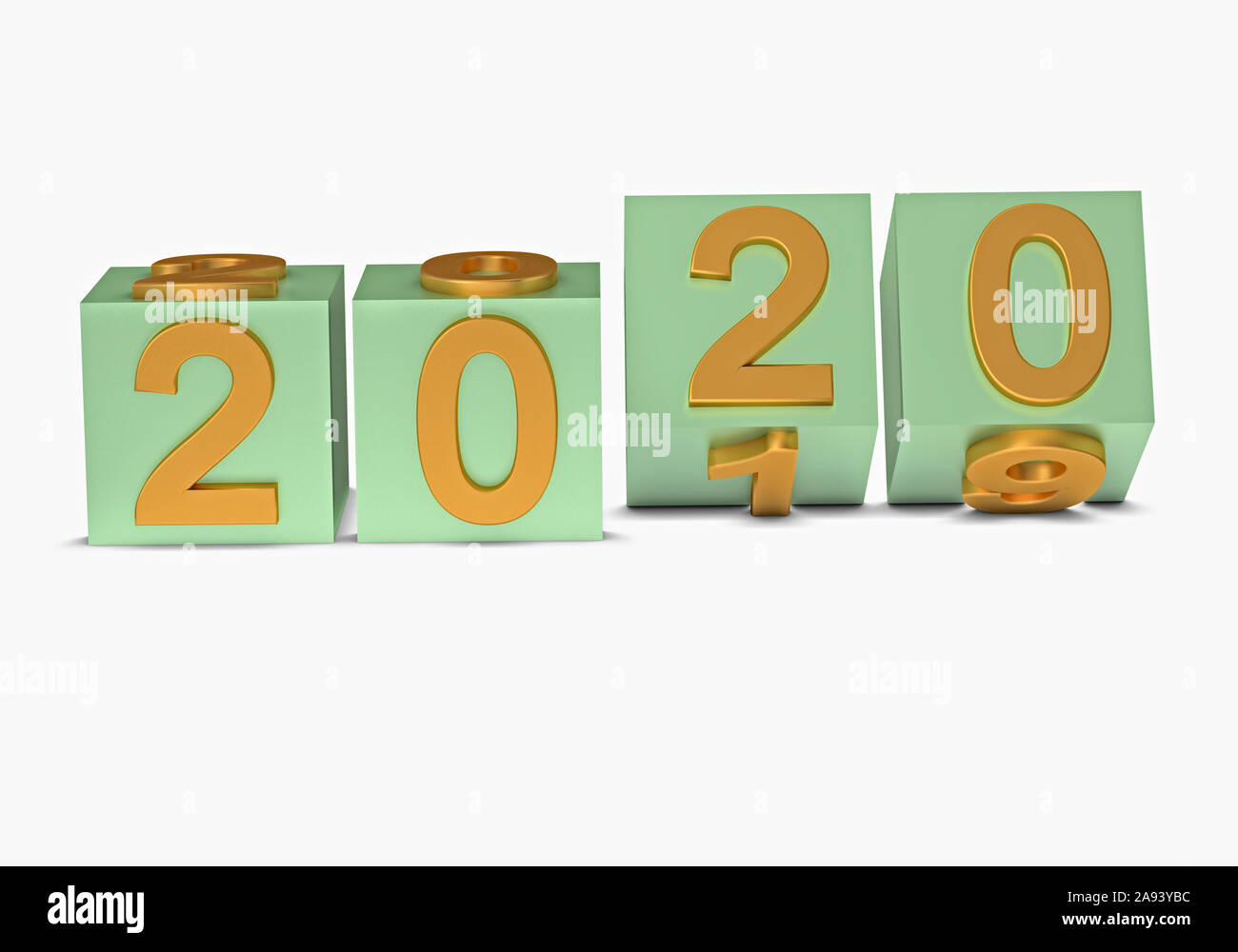 Abstraction of the new year. 2020 green number flips on cubes. 3d render Stock Photo