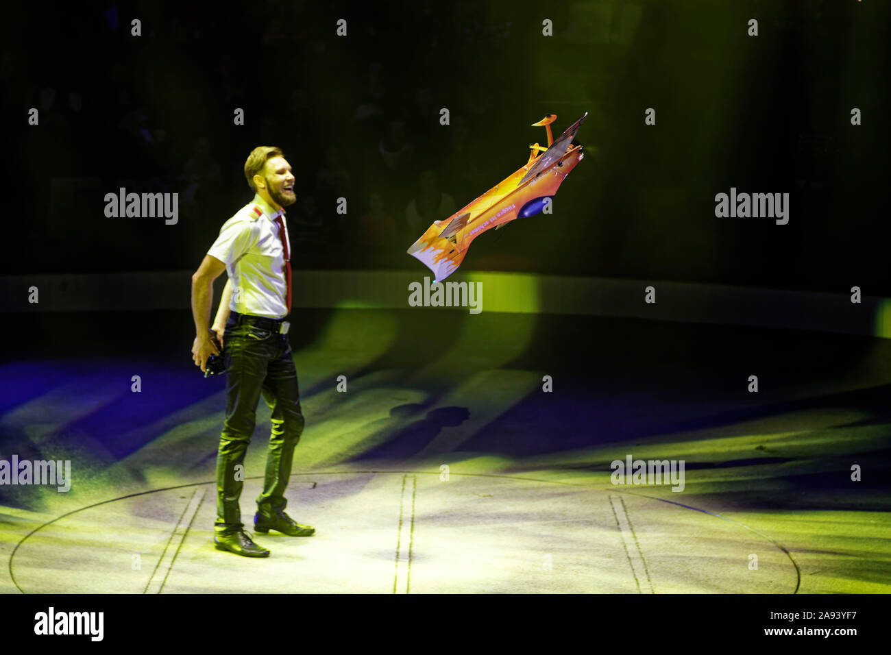 Paris, France. 9th Nov, 2019. Daniel Golla and his airplane perform during the show 'Défi' of Cirque Bouglione at the Cirque d'Hiver in Paris. Stock Photo