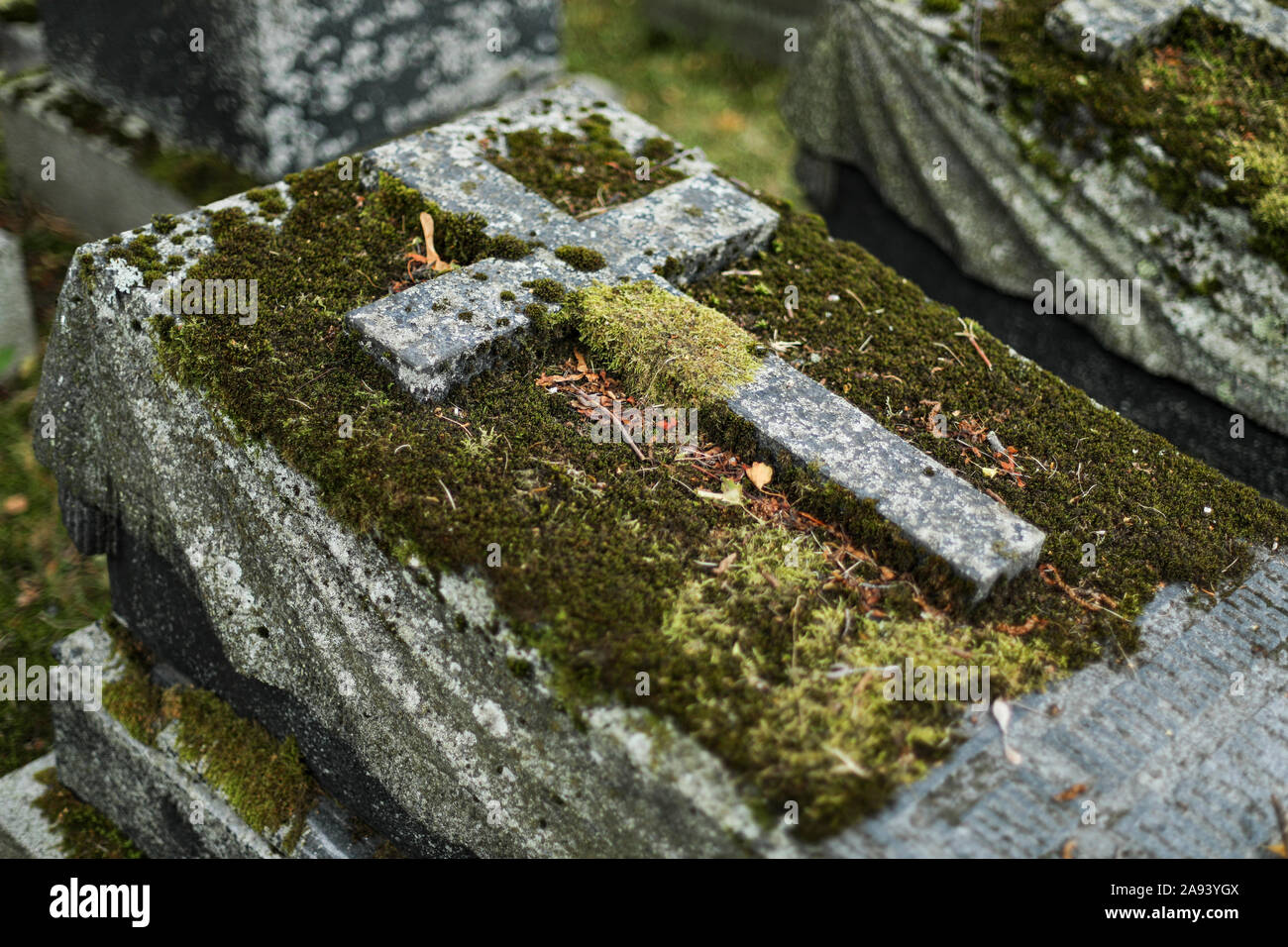 Sculptured gravestone with a cross, covered with moss Stock Photo