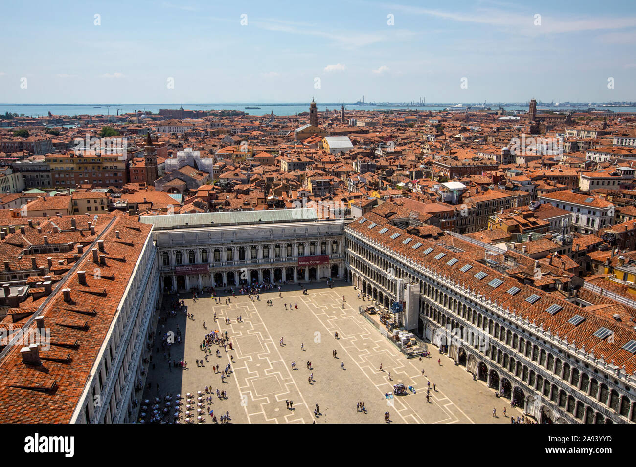 Venice, Italy - July 20th 2019: Piazza San Marco viewed from St. Marks Campanile bell tower in the historic city of Venice in Italy. Stock Photo