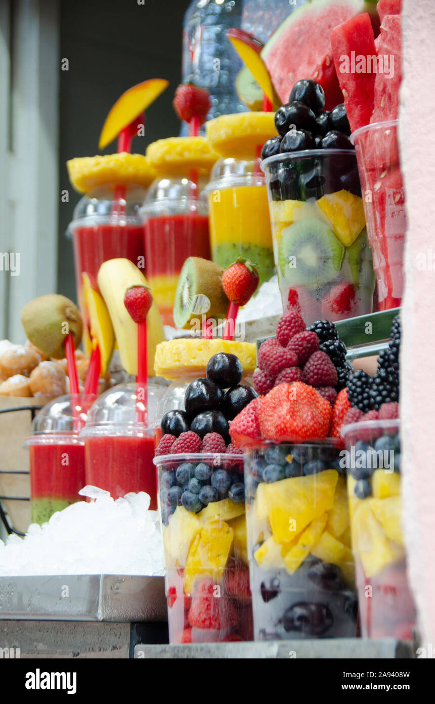 Fruit salad on a plastic cups for sale on the street by the castle in prague czech republic Stock Photo