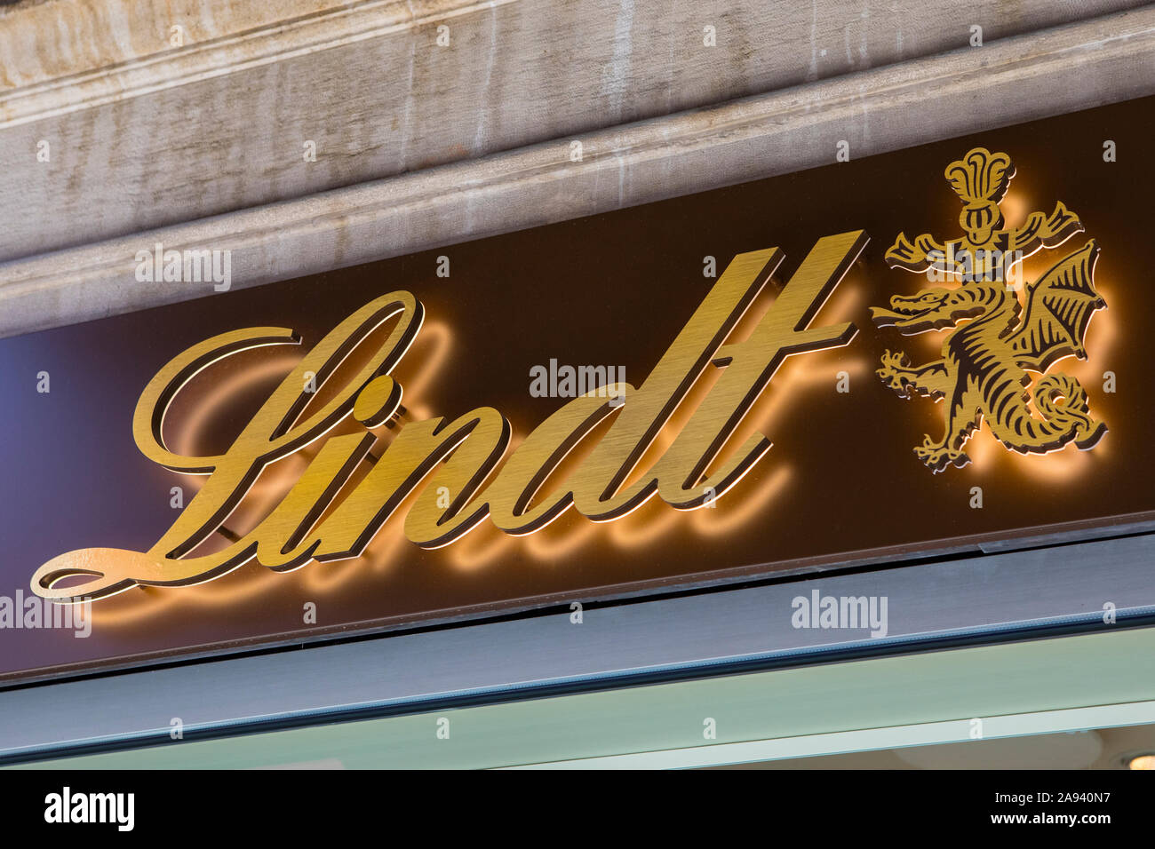 Venice Italy July 21st 2019 The Lindt Logo Above The Main Entrance To Their Shop In The Cannaregio Area Of Venice In Italy Stock Photo Alamy
